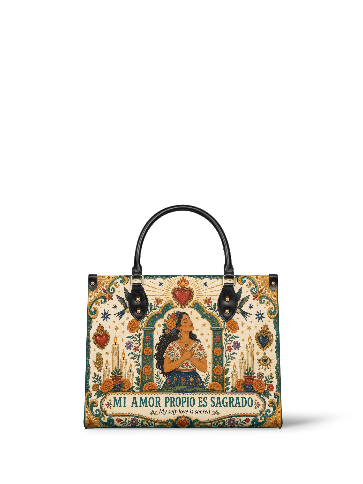 "Mi amor propio es sagrado" ver.1 Leather Handbag - front view | Paleta Bags
