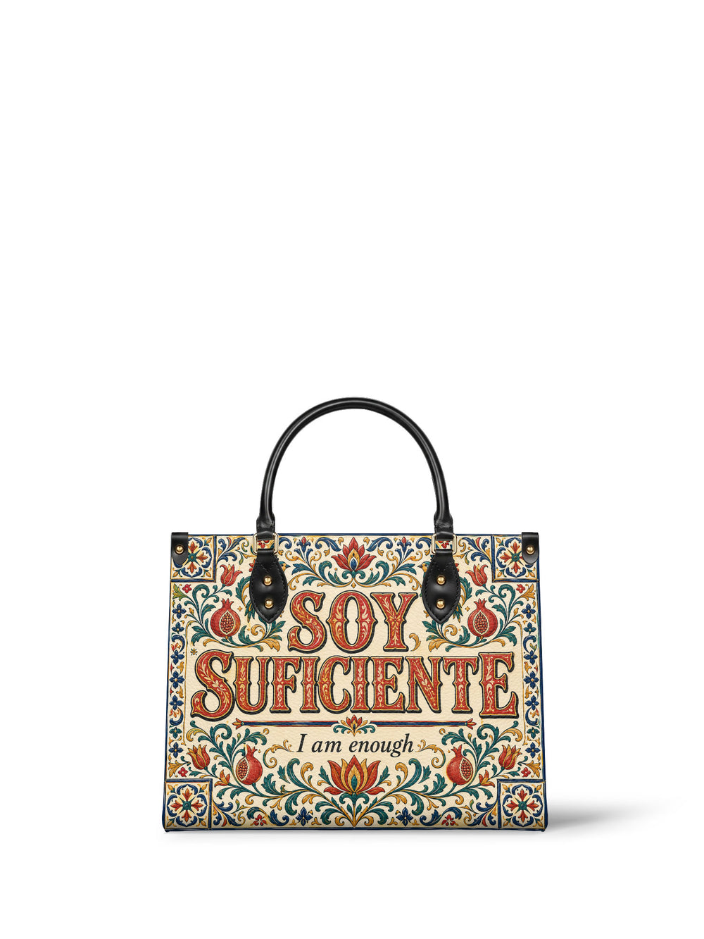 Cream handbag with Soy suficiente in red gold outlined capitals surrounded by teal and coral scrollwork and pomegranates