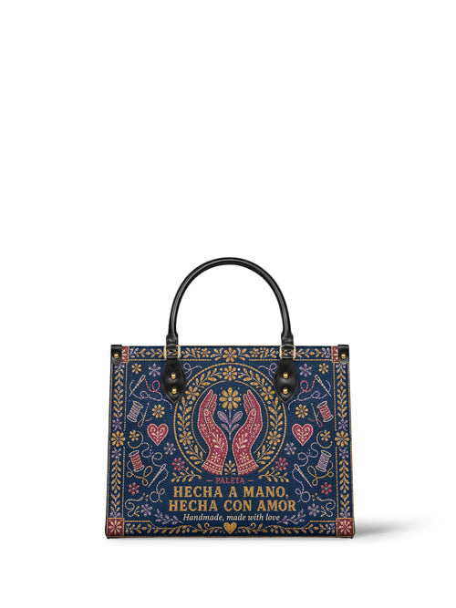 "Hecha a mano, hecha con amor" ver.4 Leather Handbag - Paleta Bags front view
