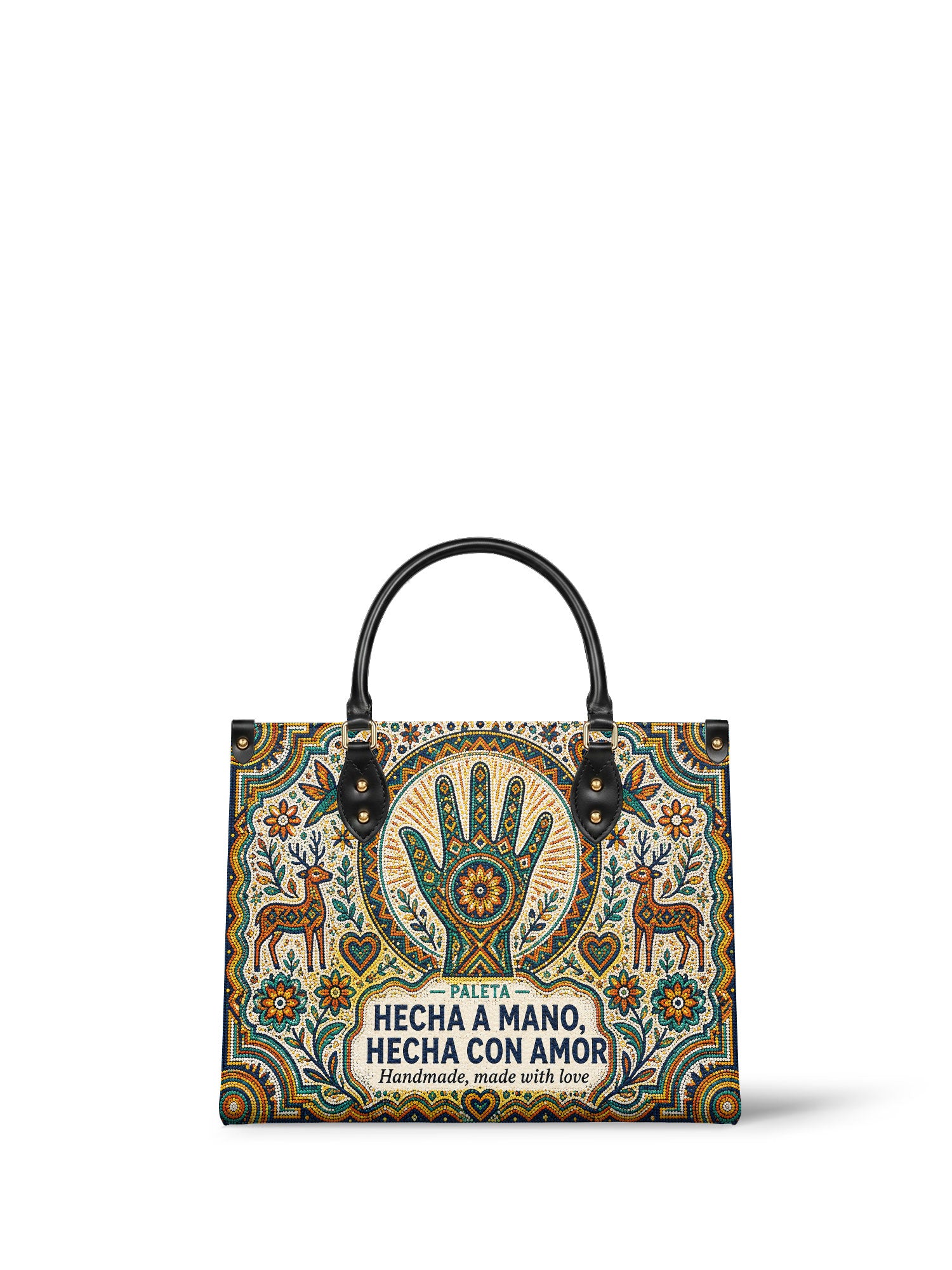 "Hecha a mano, hecha con amor" ver.3 Leather Handbag - Paleta Bags front view