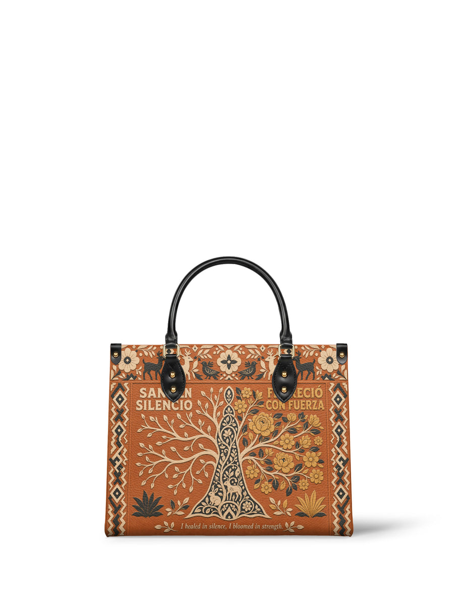 "Sanó en silencio, floreció con fuerza" ver.4 Leather Handbag