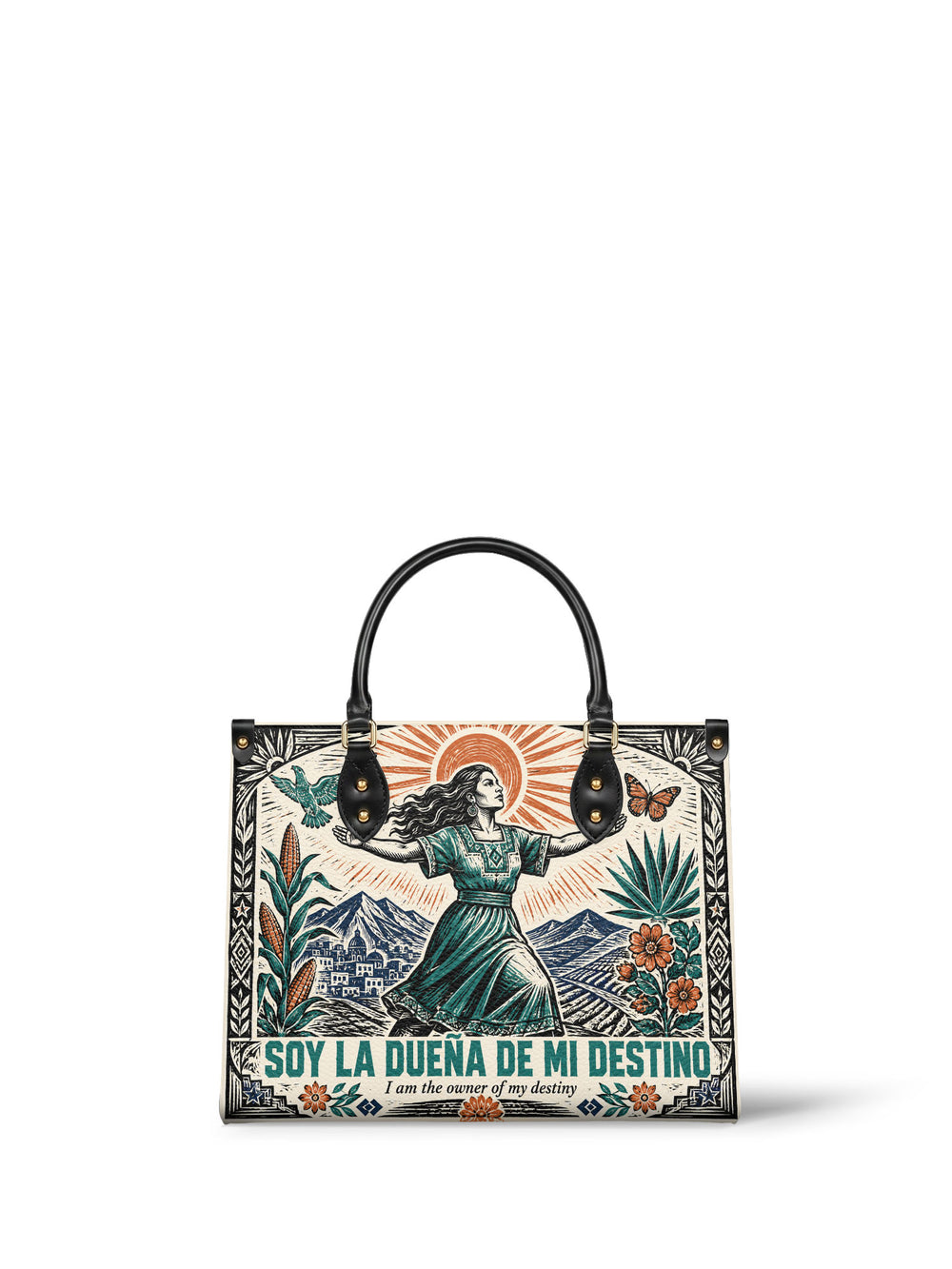 Cream linocut handbag with a woman in a teal dress opening her arms, an orange sun behind her, corn and agave at the edges
