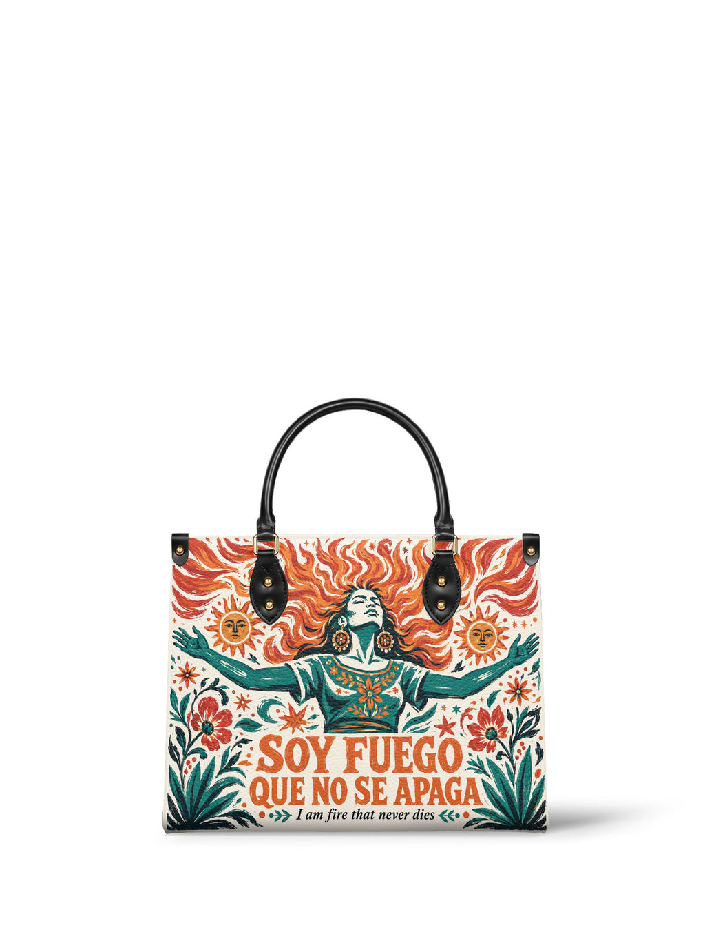"Soy fuego que no se apaga" ver.4 Leather Handbag - front view | Paleta Bags