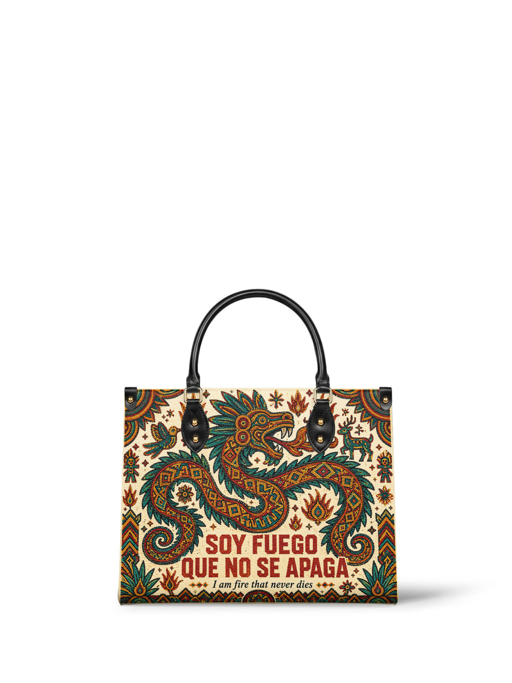 "Soy fuego que no se apaga" ver.2 Leather Handbag - front view | Paleta Bags