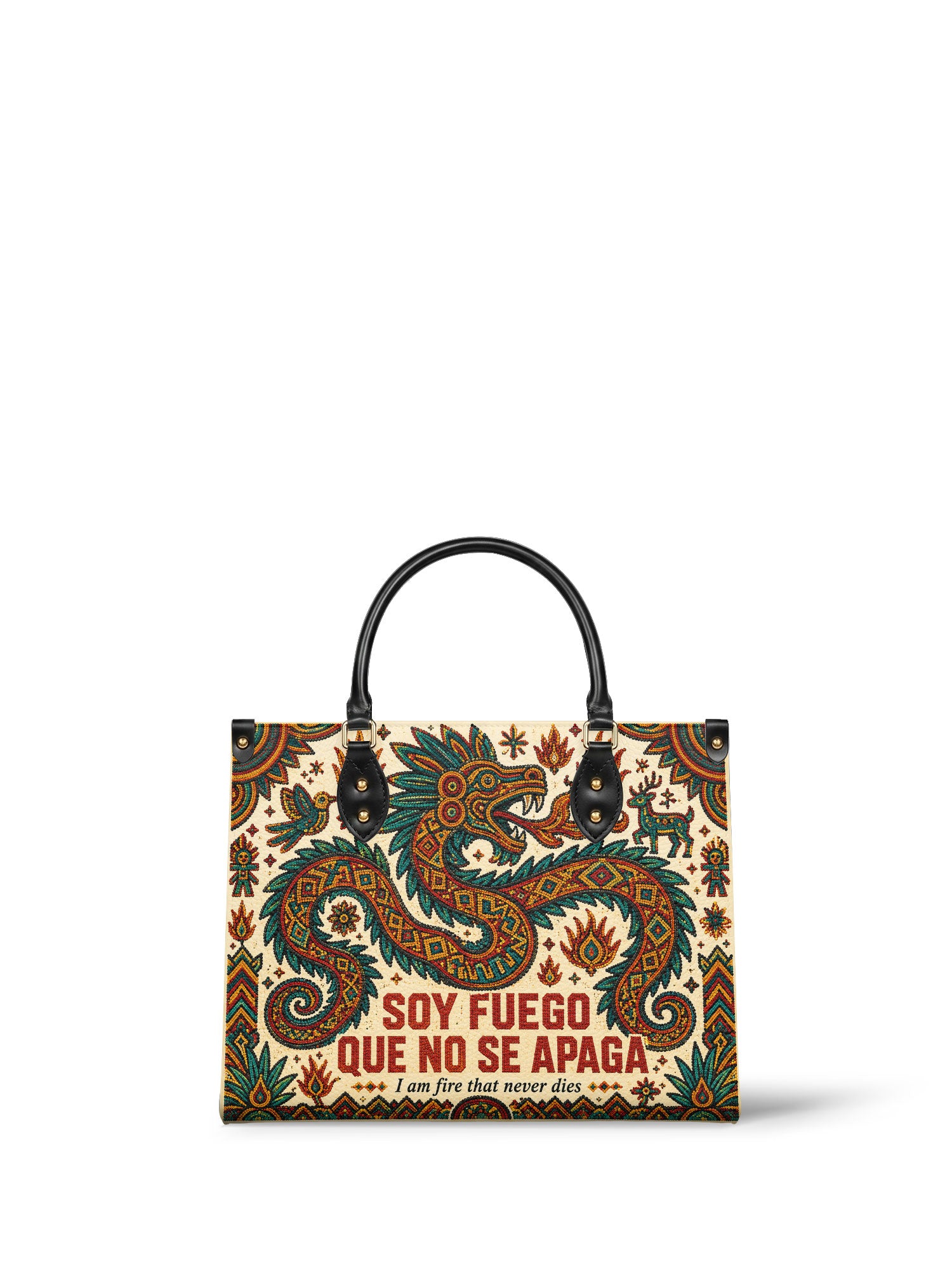 "Soy fuego que no se apaga" ver.2 Leather Handbag - front view | Paleta Bags