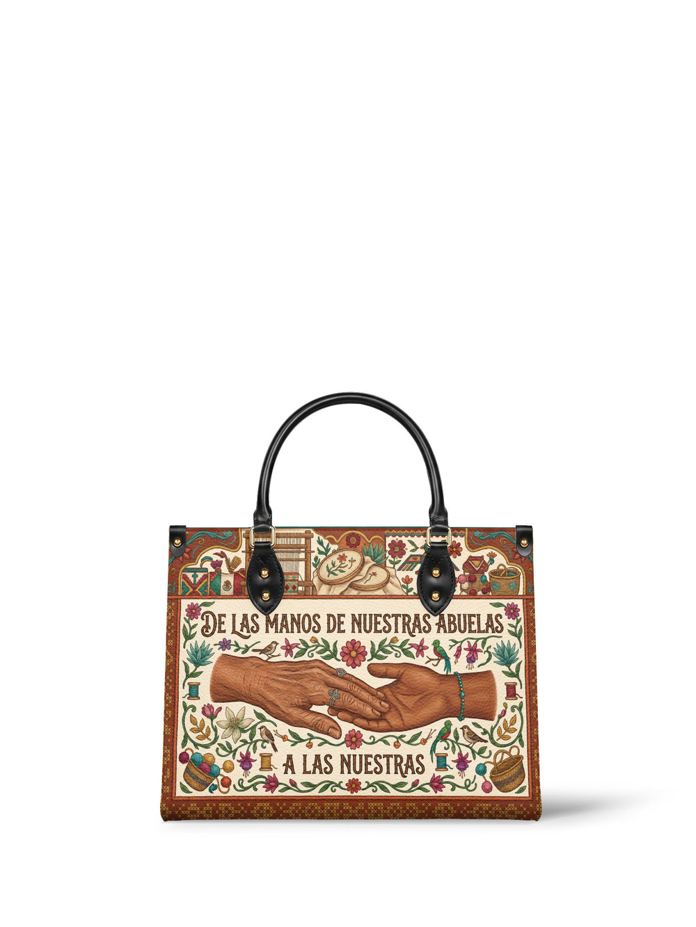 Cream handbag with two realistic bare arms reaching toward each other, one ringed and one with a turquoise bracelet, loom and spools above