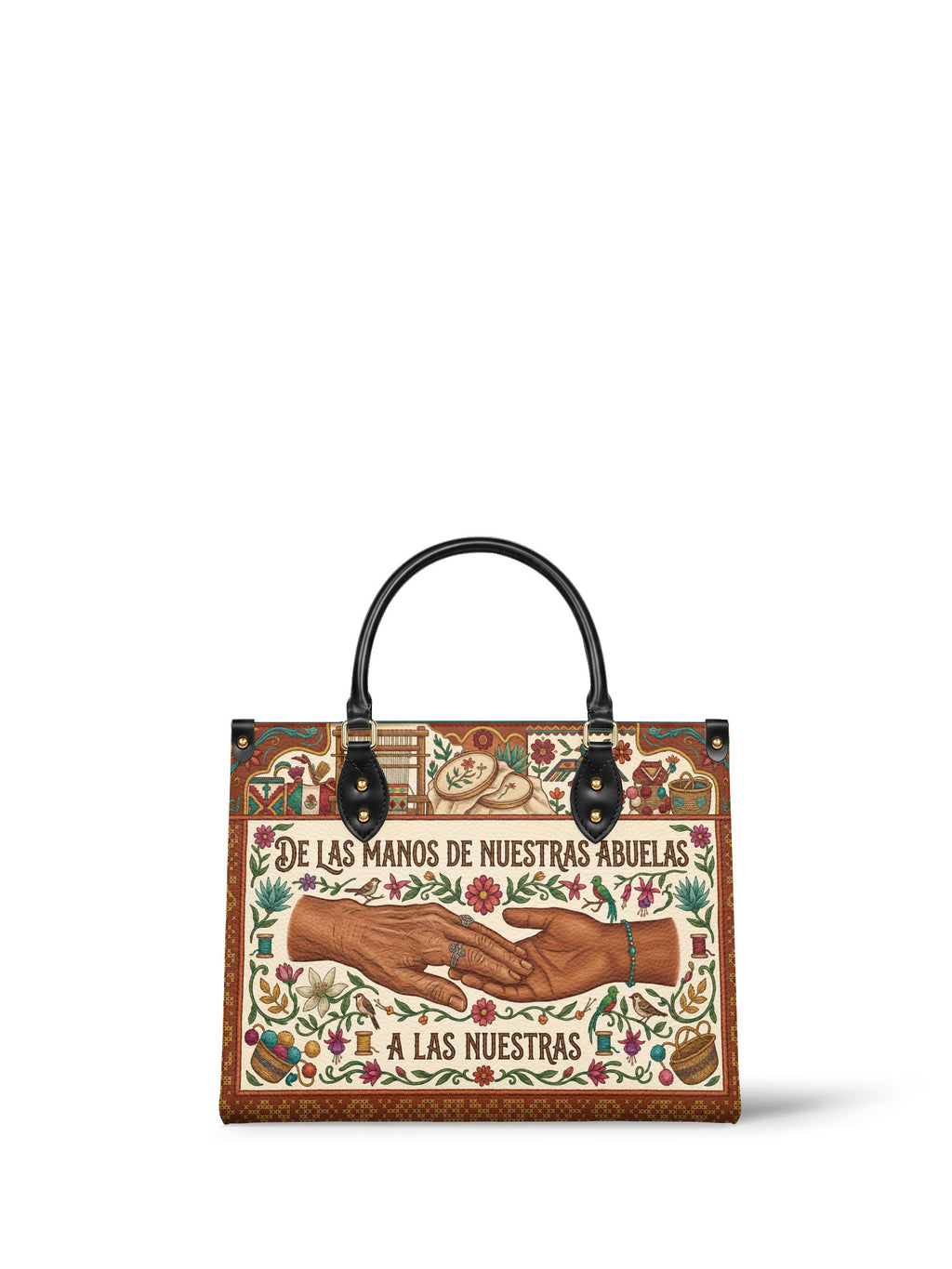 "De las manos de nuestras abuelas a las nuestras" ver.4 Leather Handbag - front view | Paleta Bags