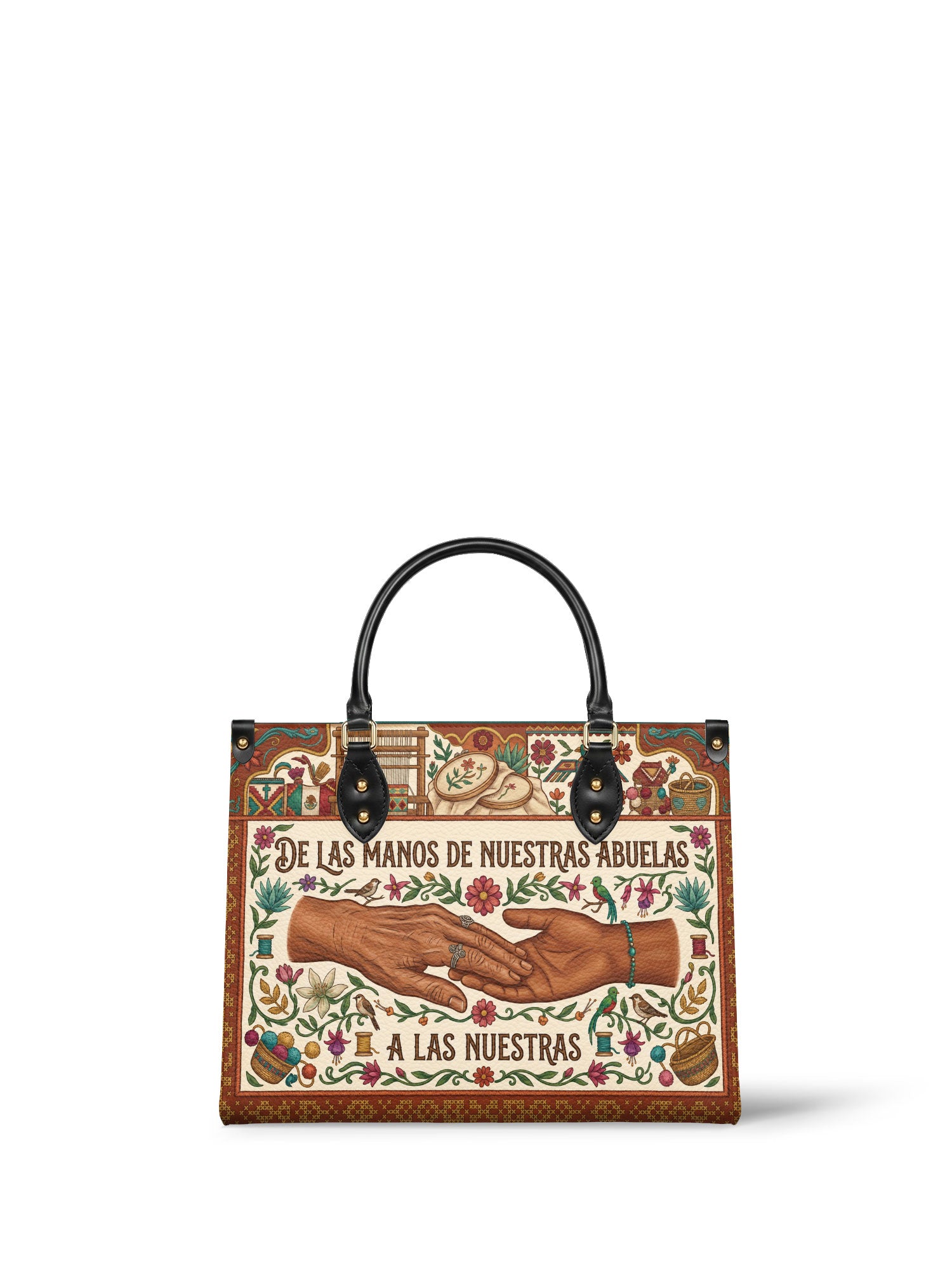 "De las manos de nuestras abuelas a las nuestras" ver.4 Leather Handbag - front view | Paleta Bags