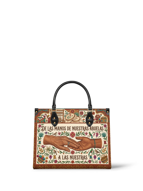 "De las manos de nuestras abuelas a las nuestras" ver.4 Leather Handbag - front view | Paleta Bags