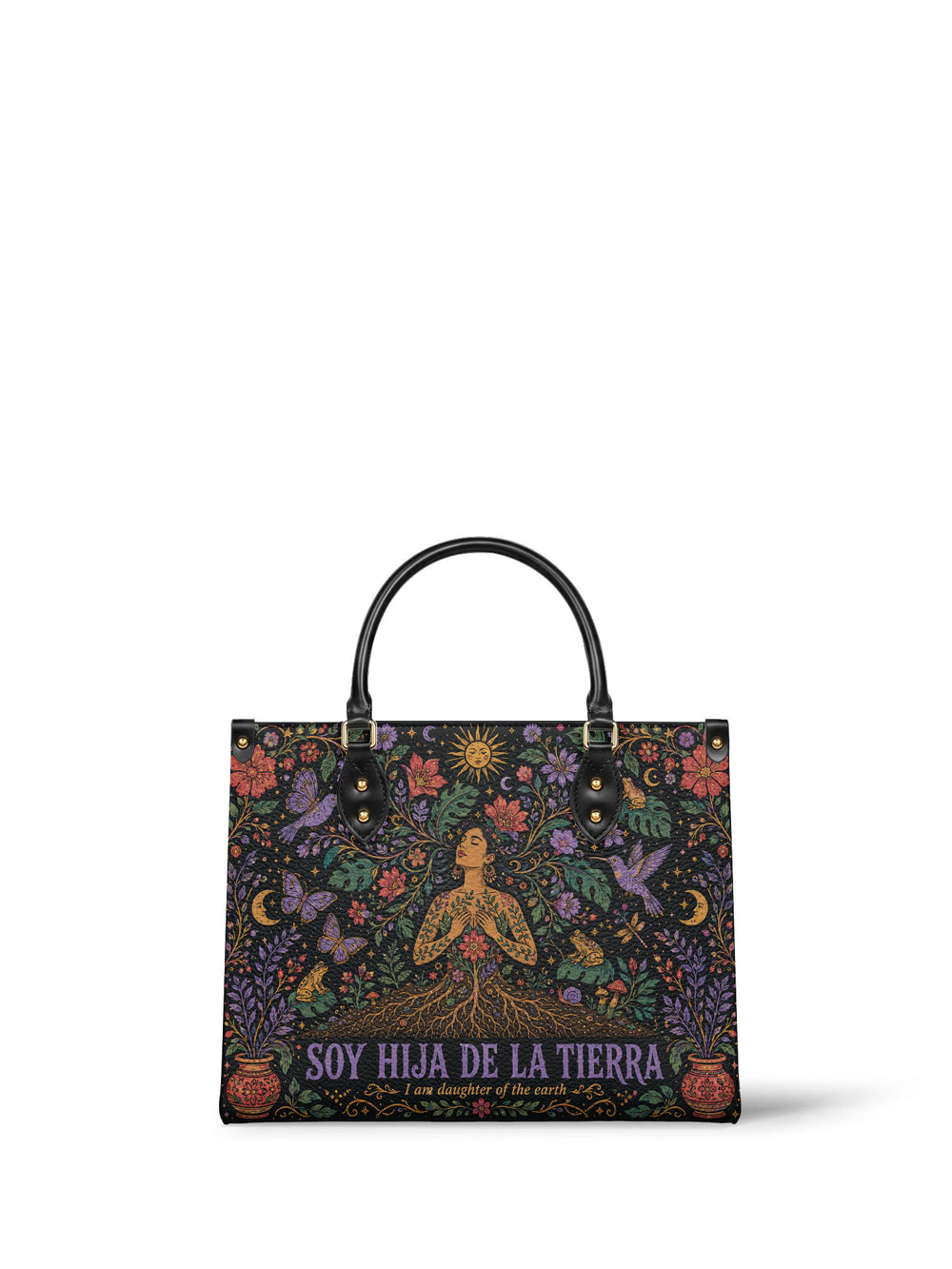 Charcoal handbag with a woman kneeling with her hands together, gold roots below her, butterflies, frogs and lilac blossoms around
