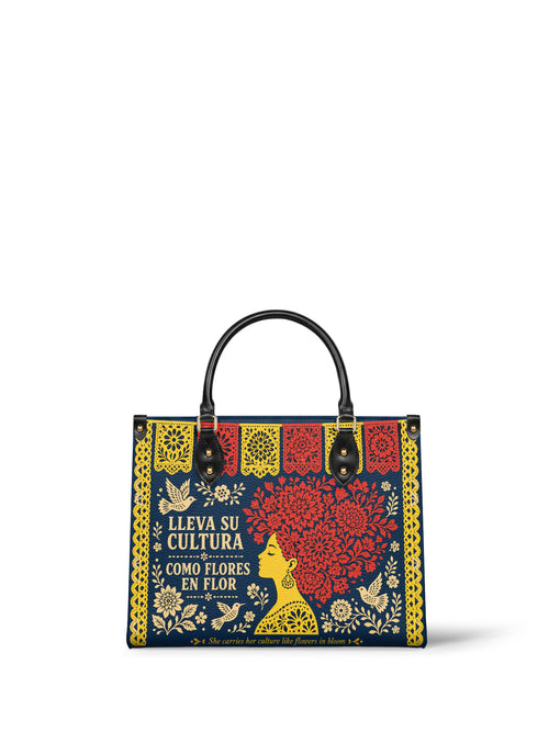 "Lleva su cultura como flores en flor" ver.2 Leather Handbag - front view | Paleta Bags