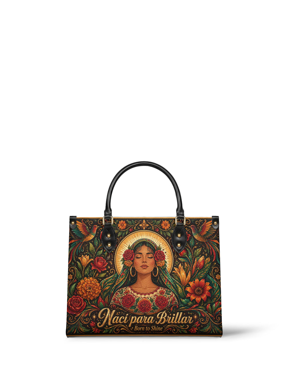 Near black handbag, woman with closed eyes and gold halo rays, red roses in her hair, marigolds and hummingbirds