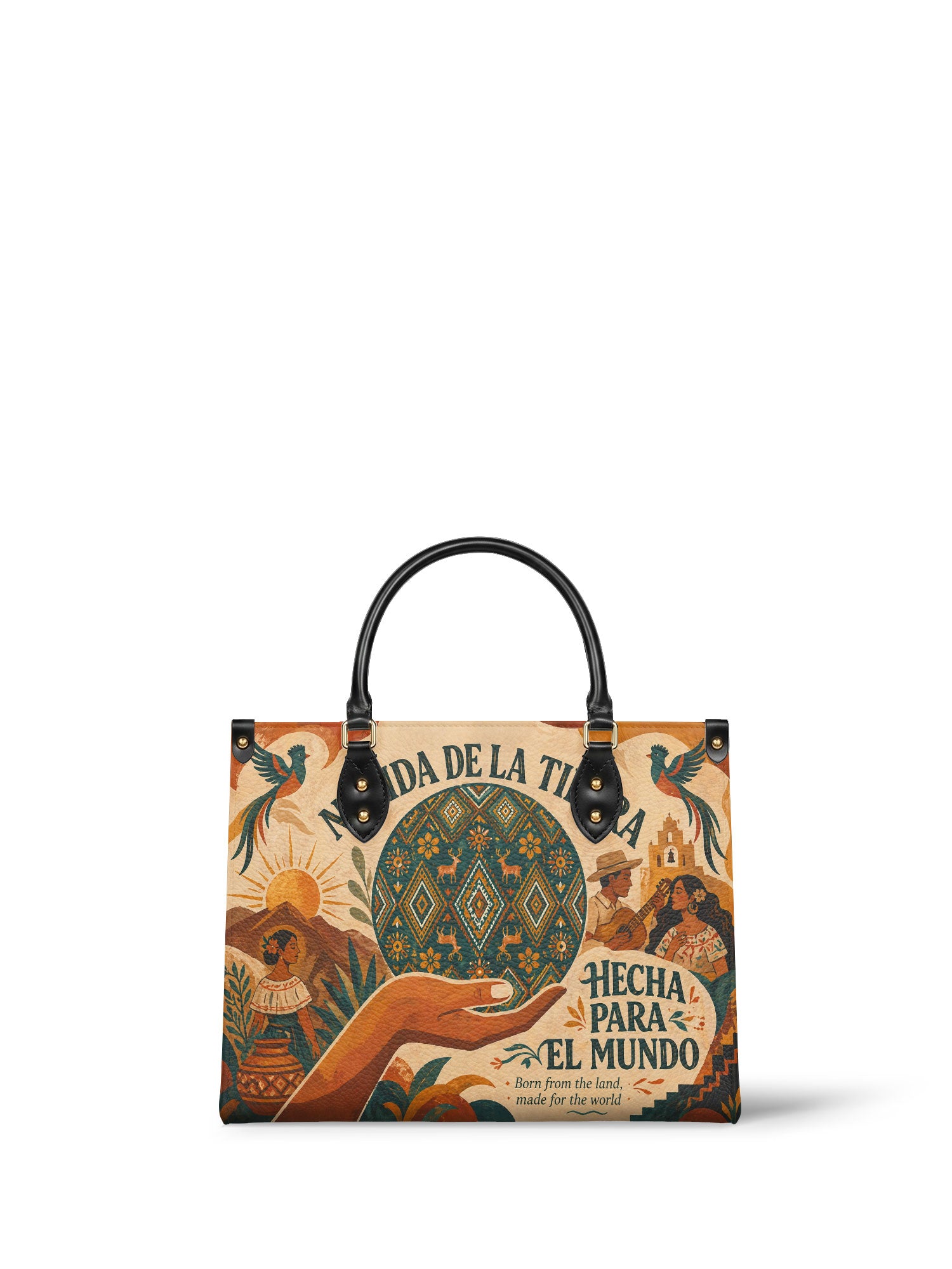 "Nacida de la tierra, hecha para el mundo" ver.1 Leather Handbag - front view | Paleta Bags