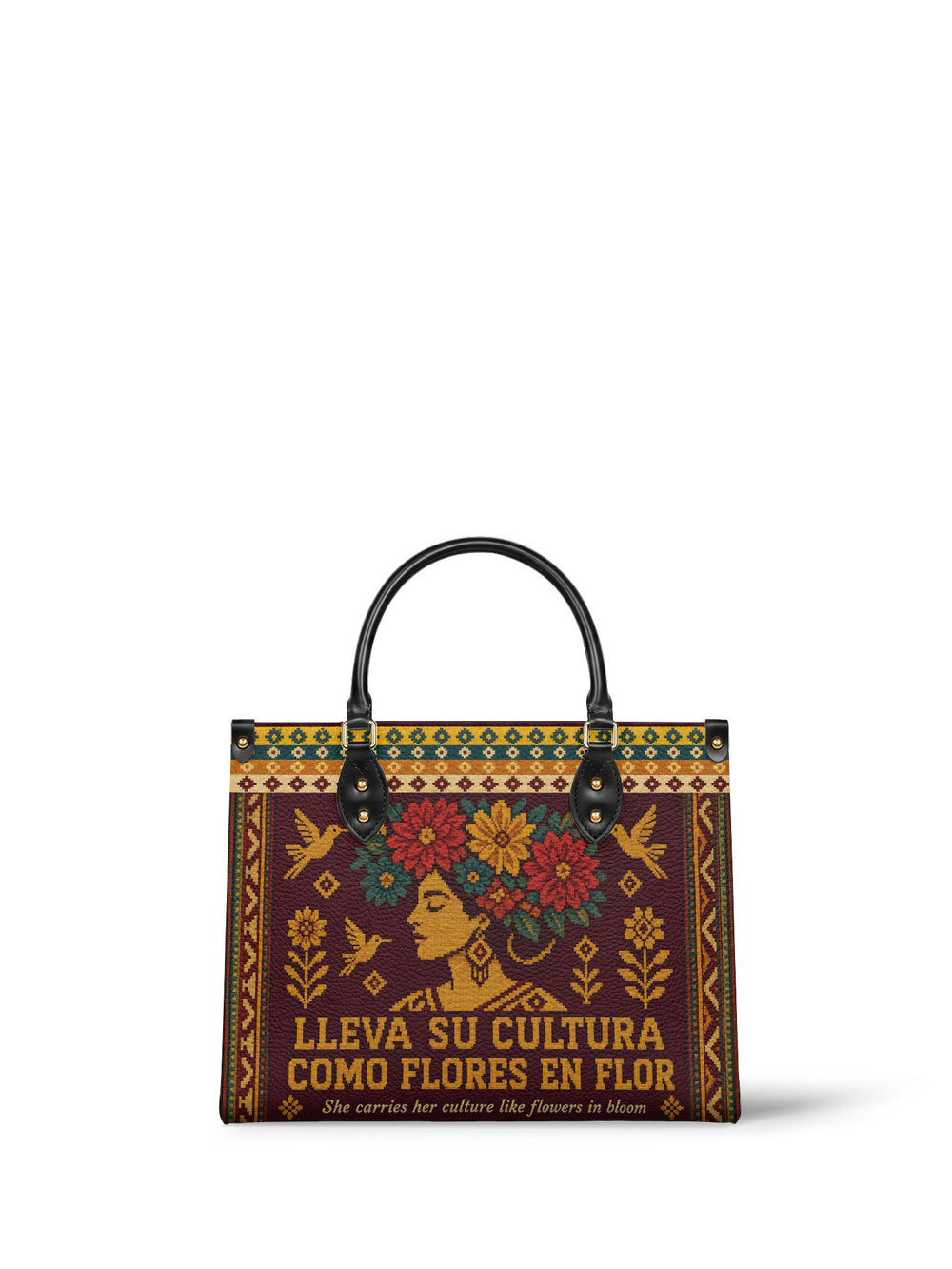 Deep plum handbag cross stitched in gold, red and teal, a woman in profile with flowers in her hair and hummingbirds beside her