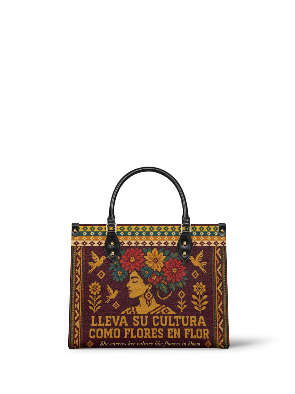 "Lleva su cultura como flores en flor" ver.4 Leather Handbag - front view | Paleta Bags