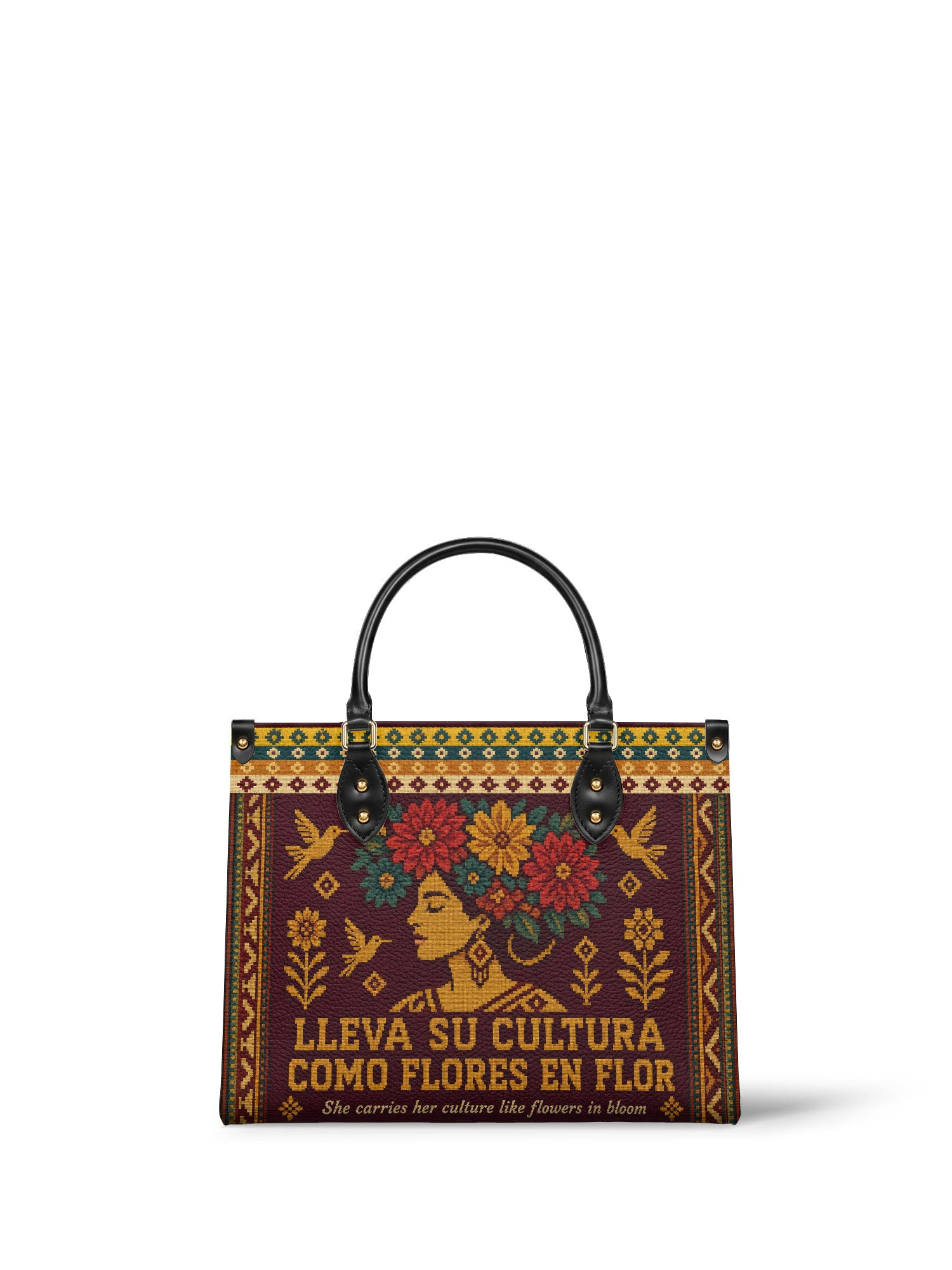 "Lleva su cultura como flores en flor" ver.4 Leather Handbag - front view | Paleta Bags