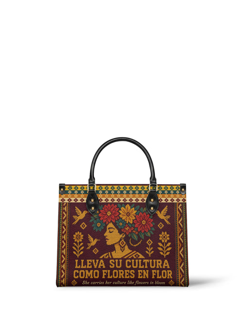 "Lleva su cultura como flores en flor" ver.4 Leather Handbag - front view | Paleta Bags