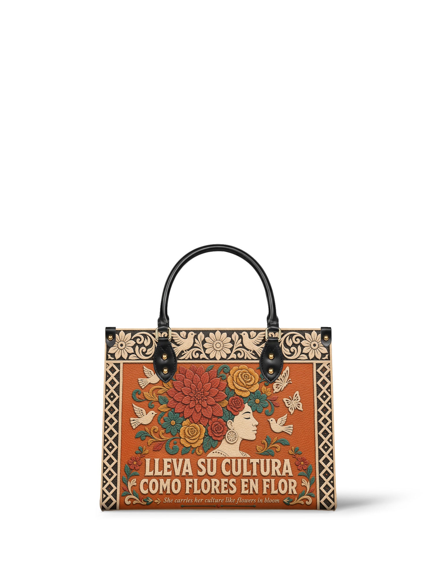 "Lleva su cultura como flores en flor" ver.3 Leather Handbag - front view | Paleta Bags