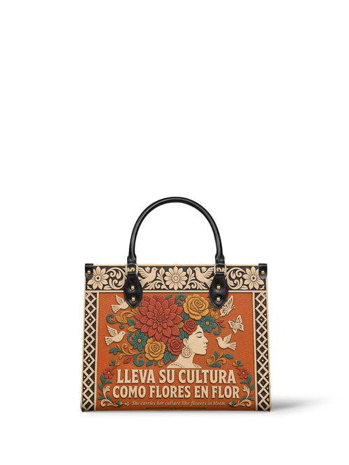 "Lleva su cultura como flores en flor" ver.3 Leather Handbag - front view | Paleta Bags