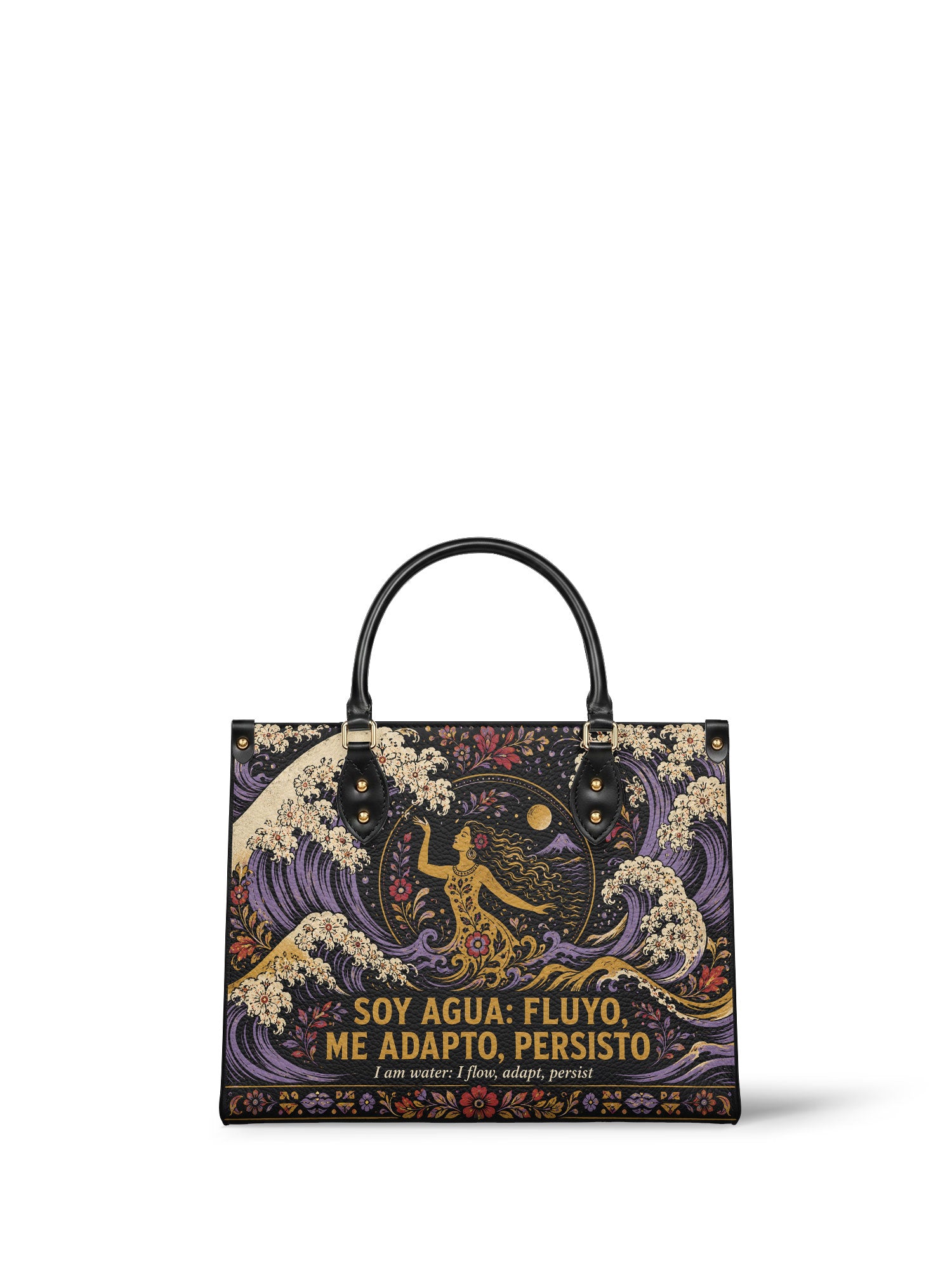 "Soy agua fluyo, me adapto, persisto" ver.2 Leather Handbag - front view | Paleta Bags