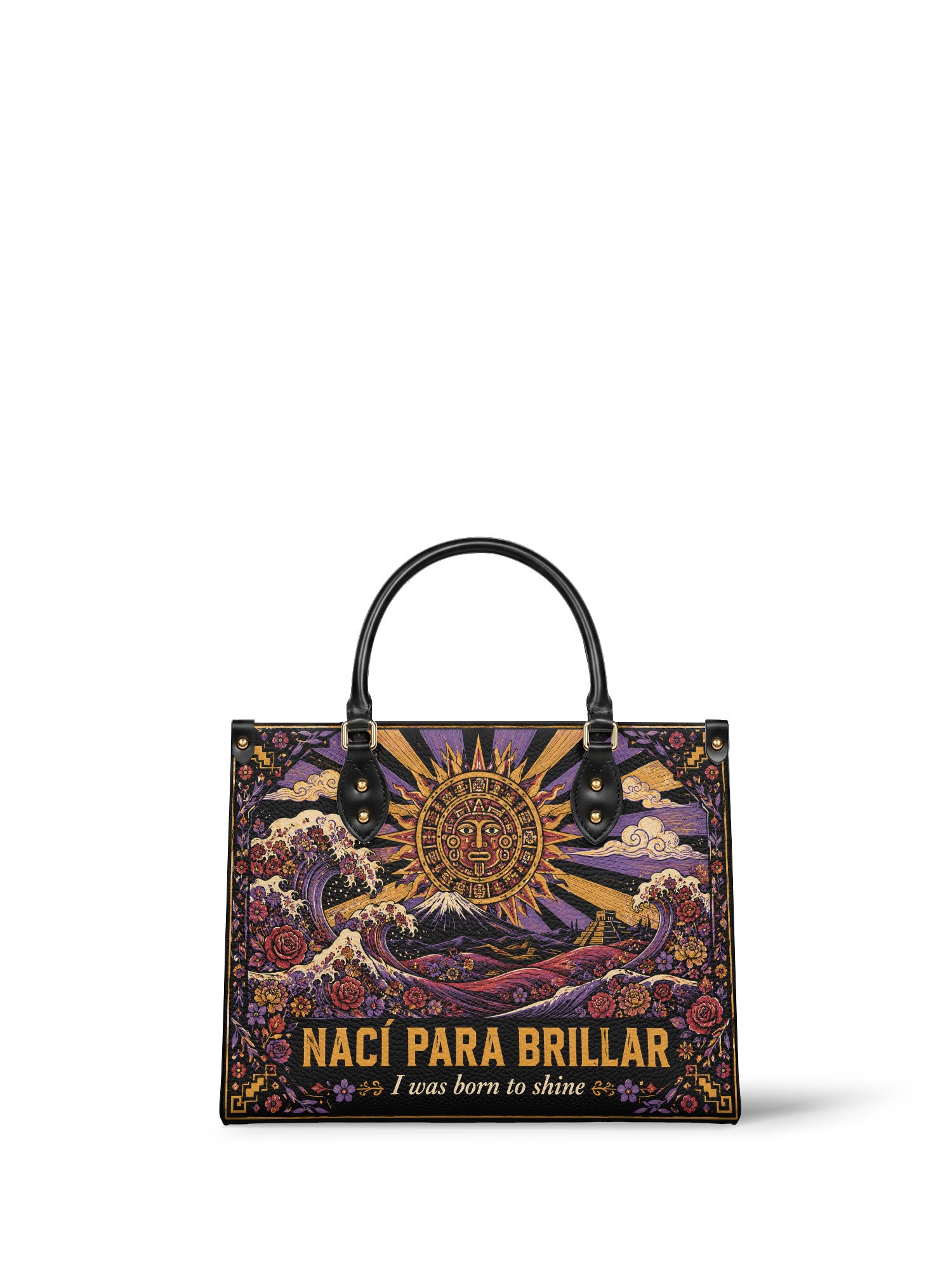 "Nací para brillar" ver.1 Leather Handbag - front view | Paleta Bags