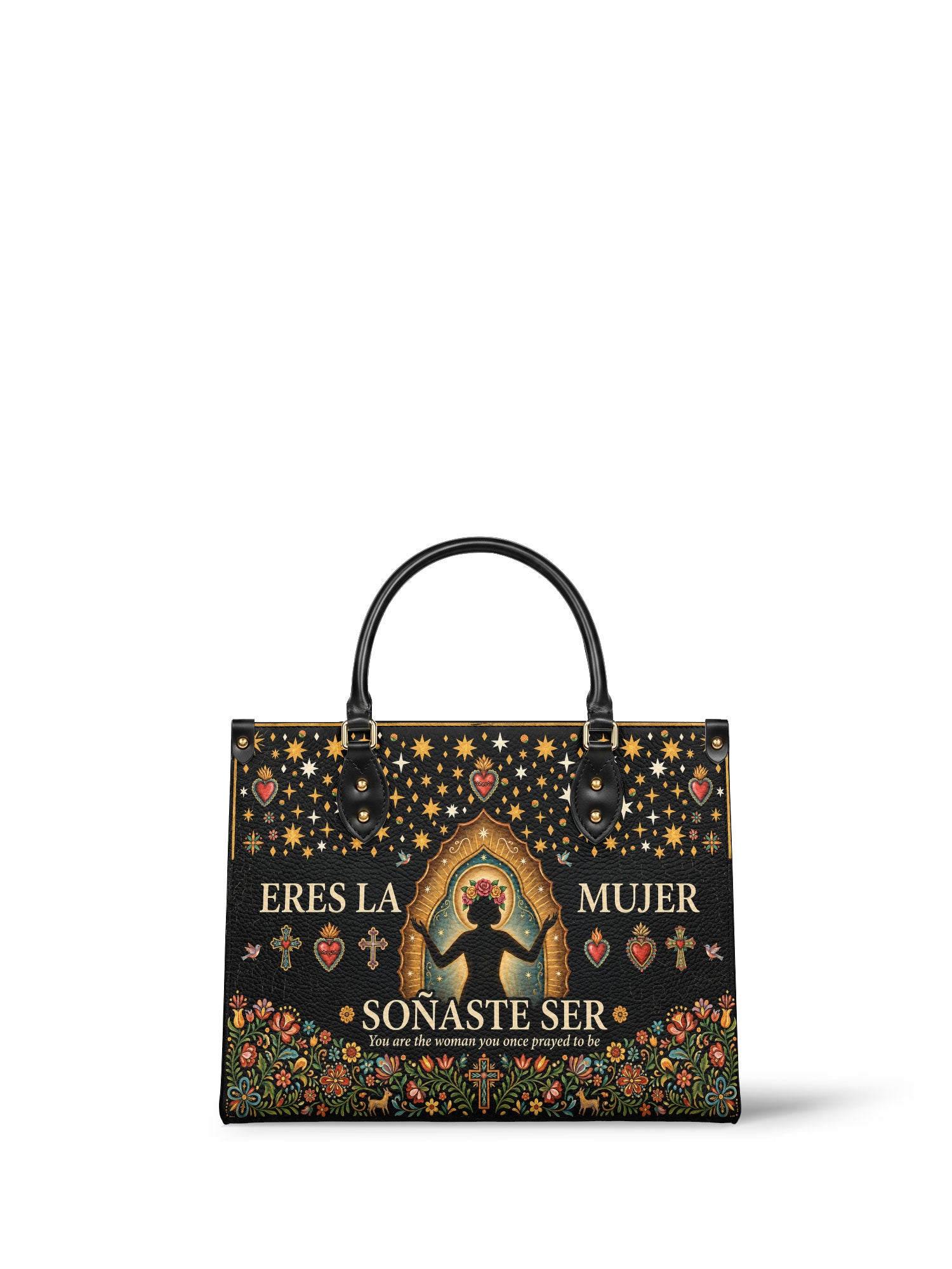 "Eres la mujer que alguna vez soñaste ser" ver.2 Leather Handbag - front view | Paleta Bags