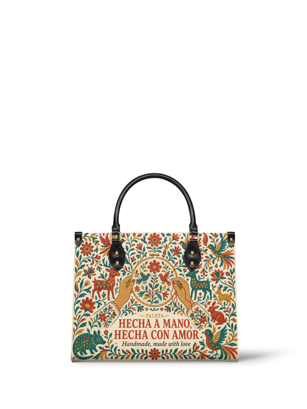 "Hecha a mano, hecha con amor" ver.1 Leather Handbag - Paleta Bags front view