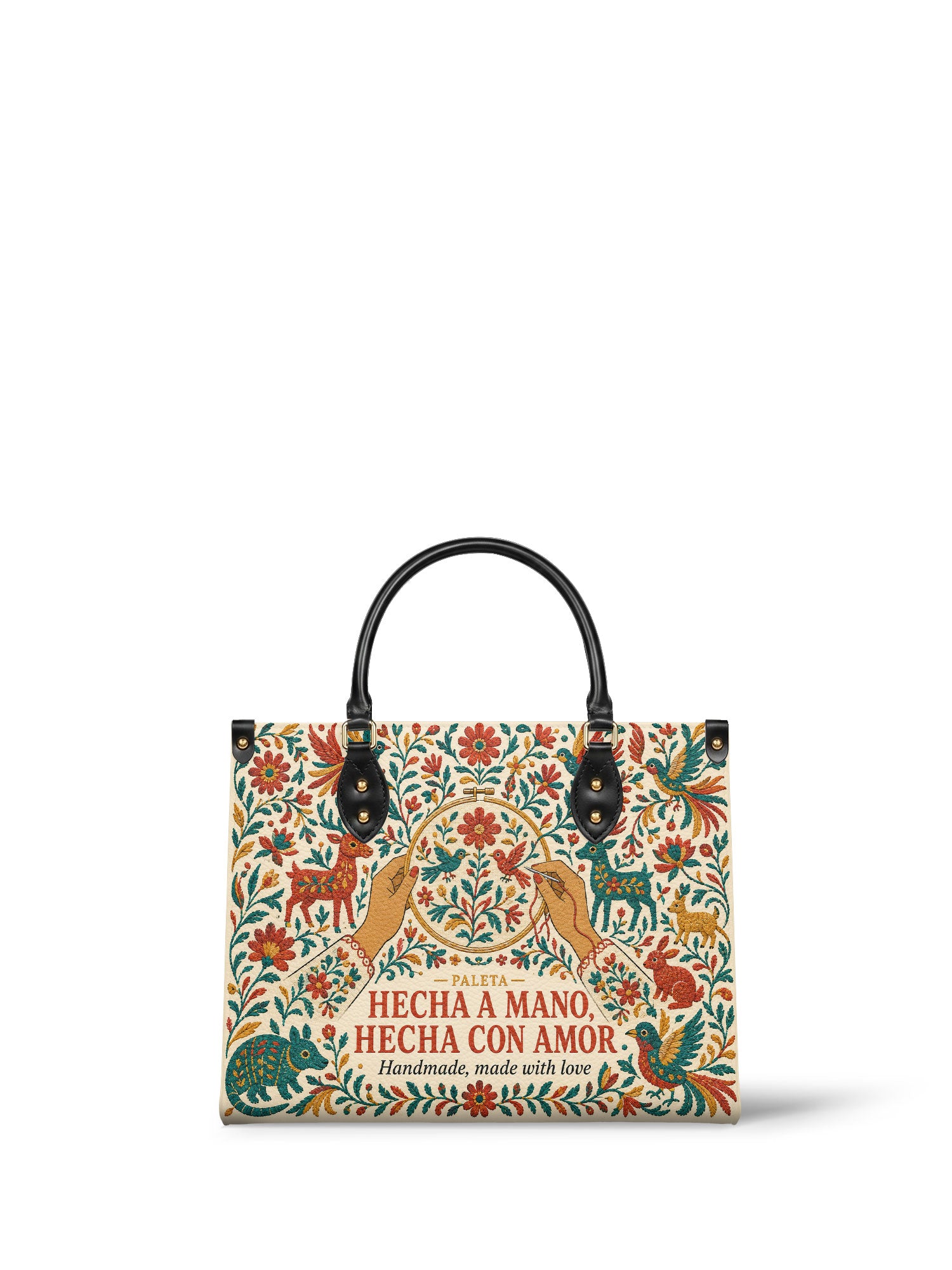 "Hecha a mano, hecha con amor" ver.1 Leather Handbag - Paleta Bags front view
