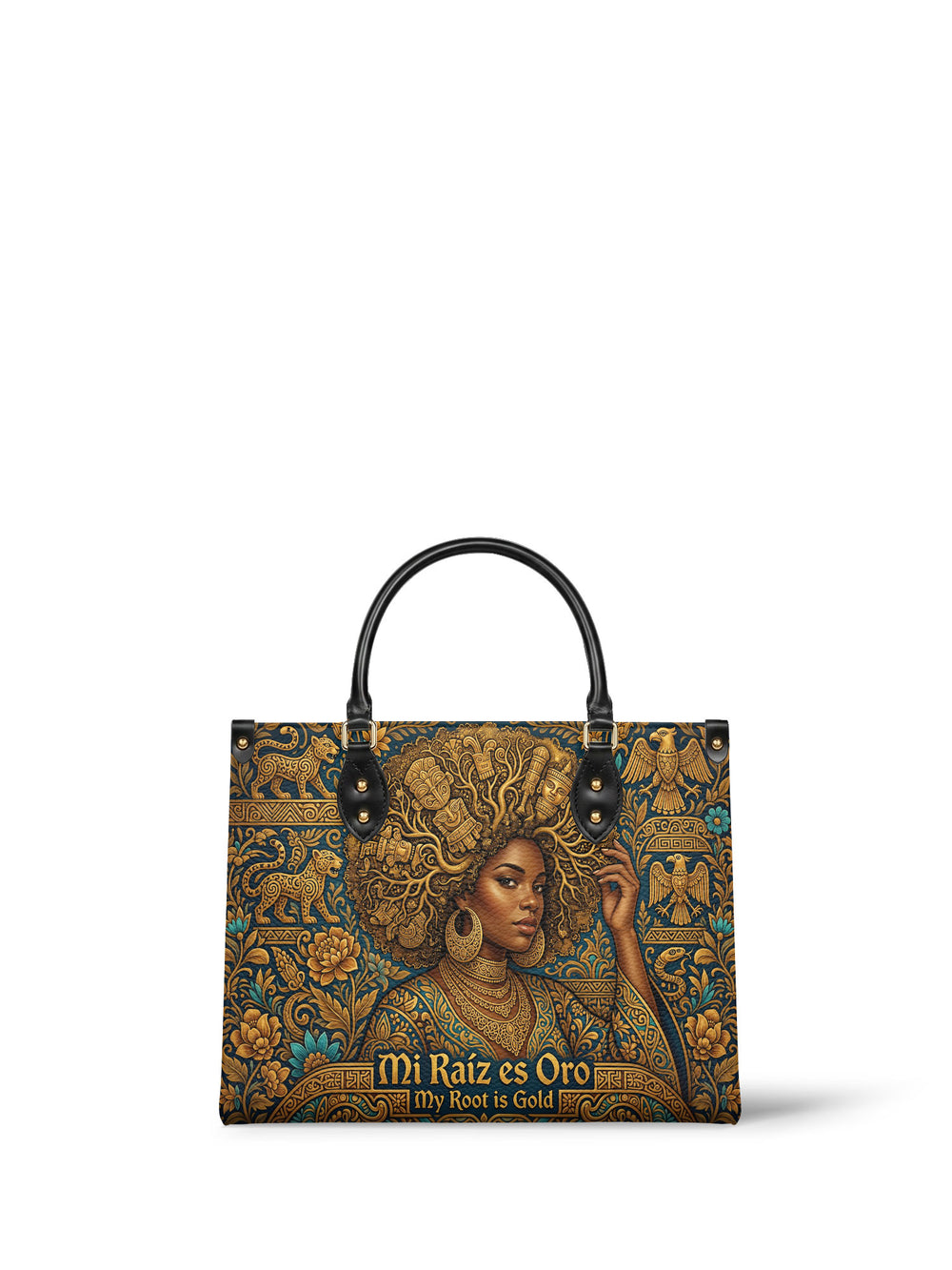 Teal and gold handbag with a woman whose afro grows gold masks, temples and roots, jaguars on one side and eagles on the other