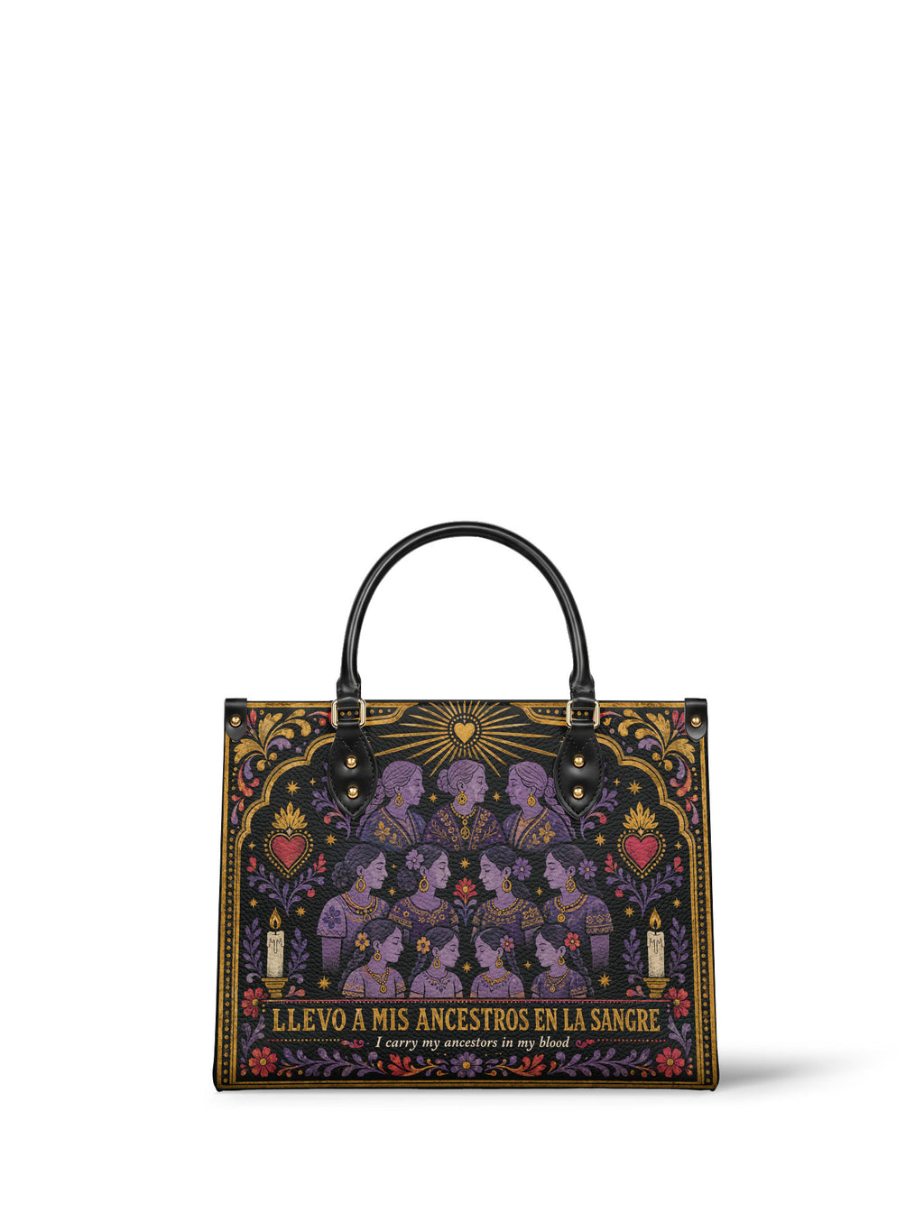 "Llevo a mis ancestros en la sangre" ver.3 Leather Handbag - front view | Paleta Bags