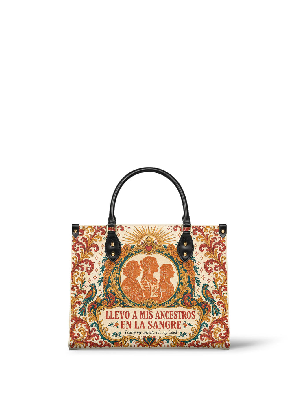 "Llevo a mis ancestros en la sangre" ver.5 Leather Handbag - front view | Paleta Bags