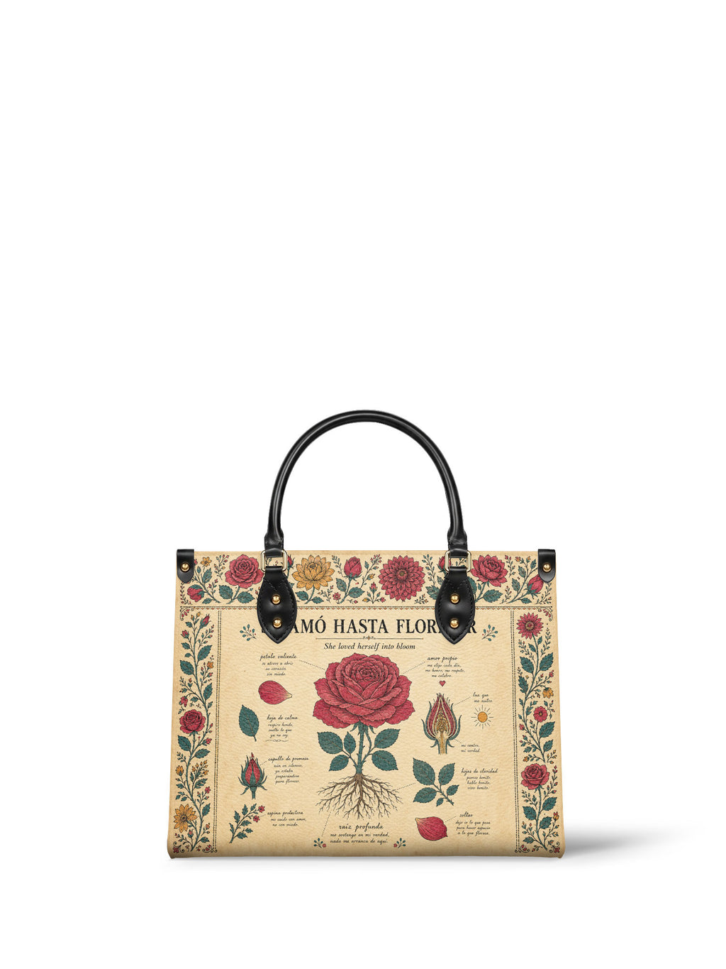 "Se amó hasta florecer" ver.5 Leather Handbag - front view | Paleta Bags