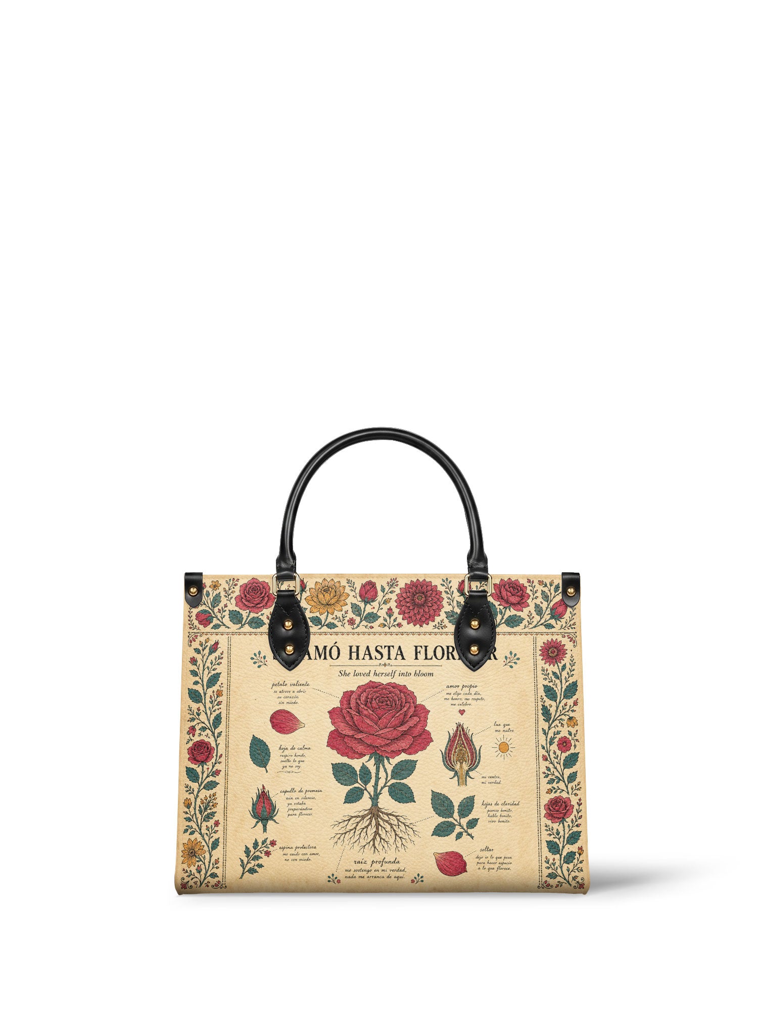 "Se amó hasta florecer" ver.5 Leather Handbag - front view | Paleta Bags