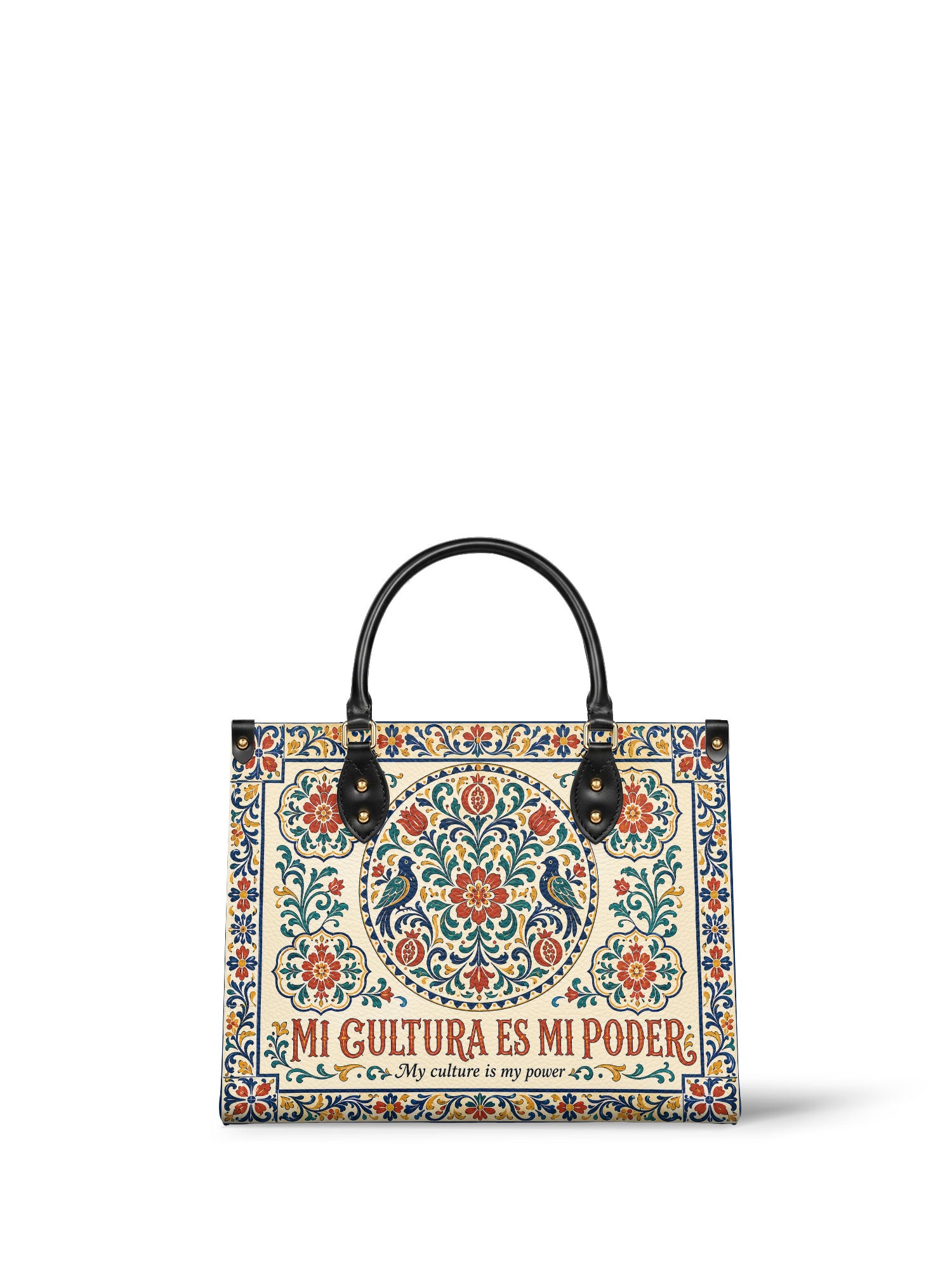 "Mi cultura es mi poder" ver.3 Leather Handbag - front view | Paleta Bags