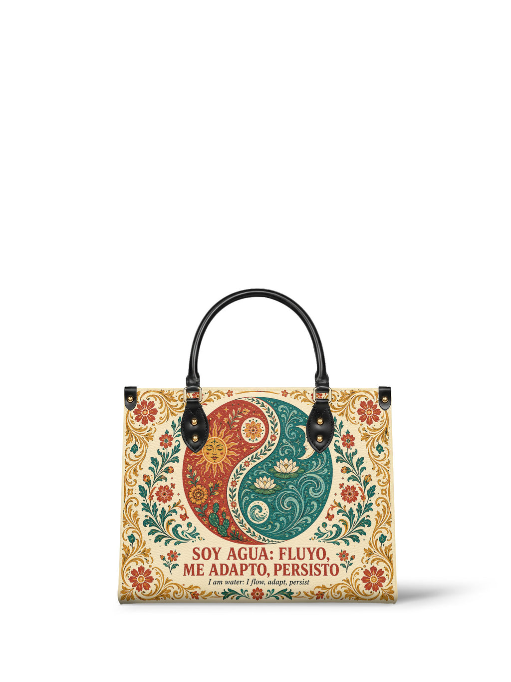 "Soy agua fluyo, me adapto, persisto" ver.5 Leather Handbag - front view | Paleta Bags