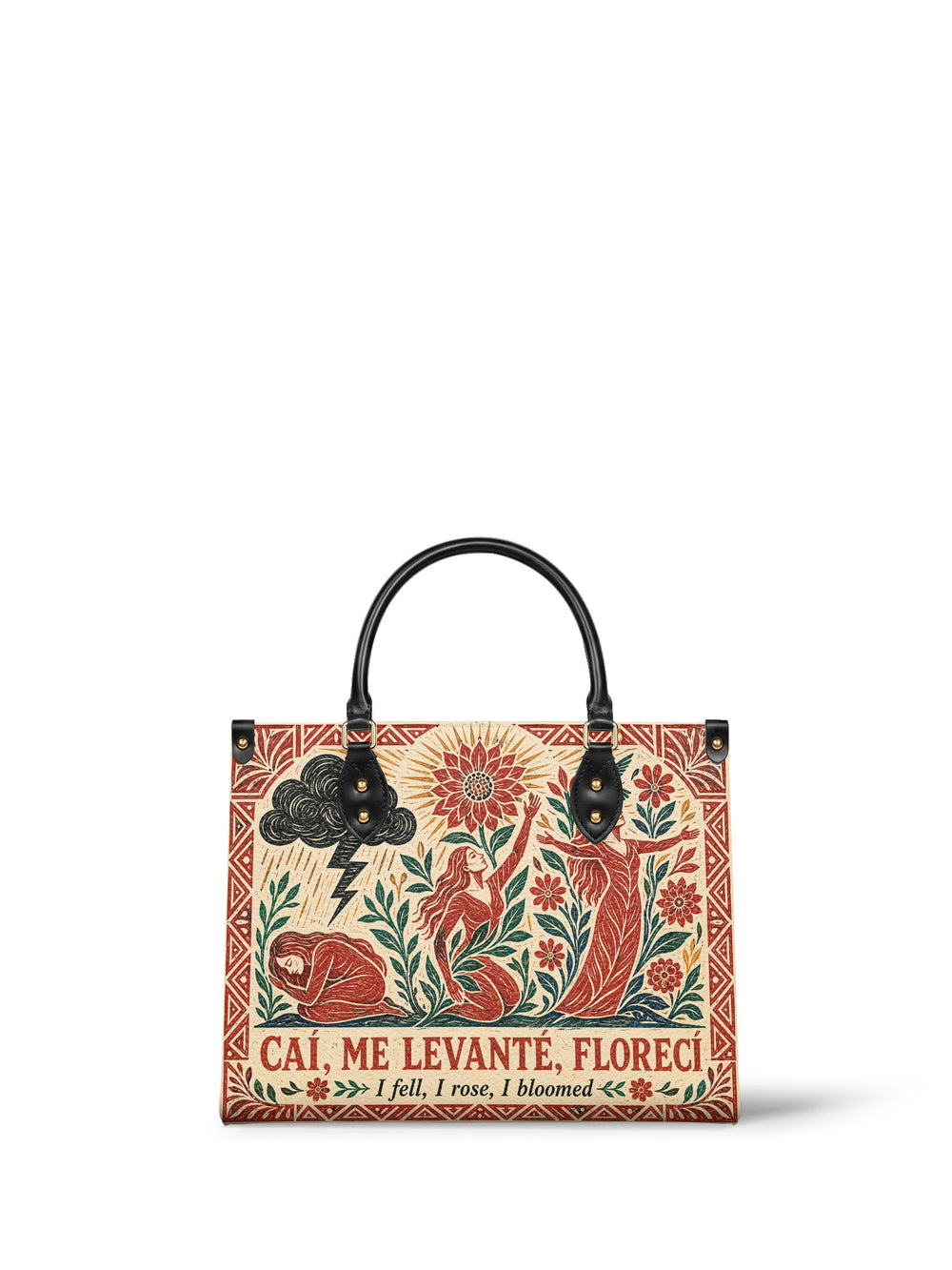 Cream handbag printed like a linocut in brick red and teal, a woman lying under a rain cloud, kneeling toward a sunflower, then standing