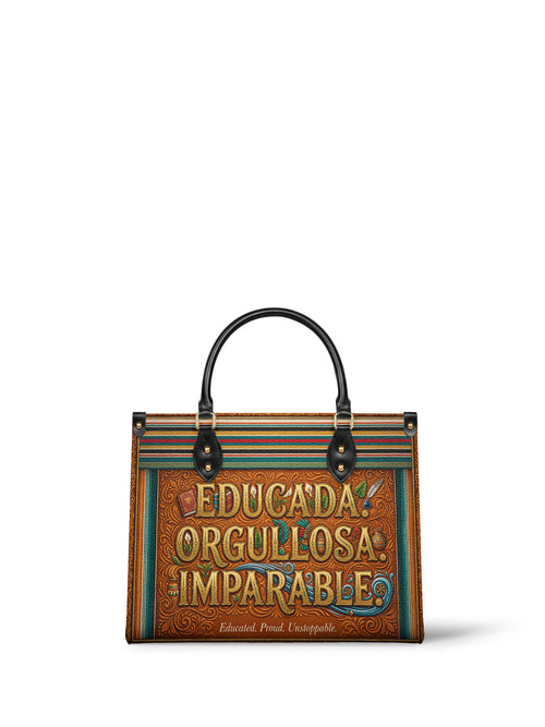 "Educada. Orgullosa. Imparable" ver.2 Leather Handbag - front view | Paleta Bags