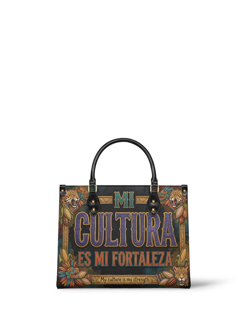 "Mi cultura es mi fortaleza" ver.3 Leather Handbag - front view | Paleta Bags