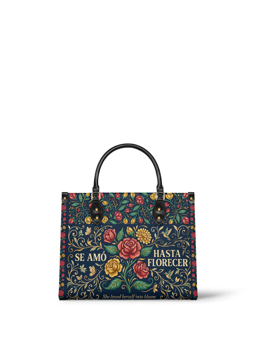 Navy handbag covered in red and yellow roses with gold scrollwork, hummingbirds and butterflies moving between the blooms