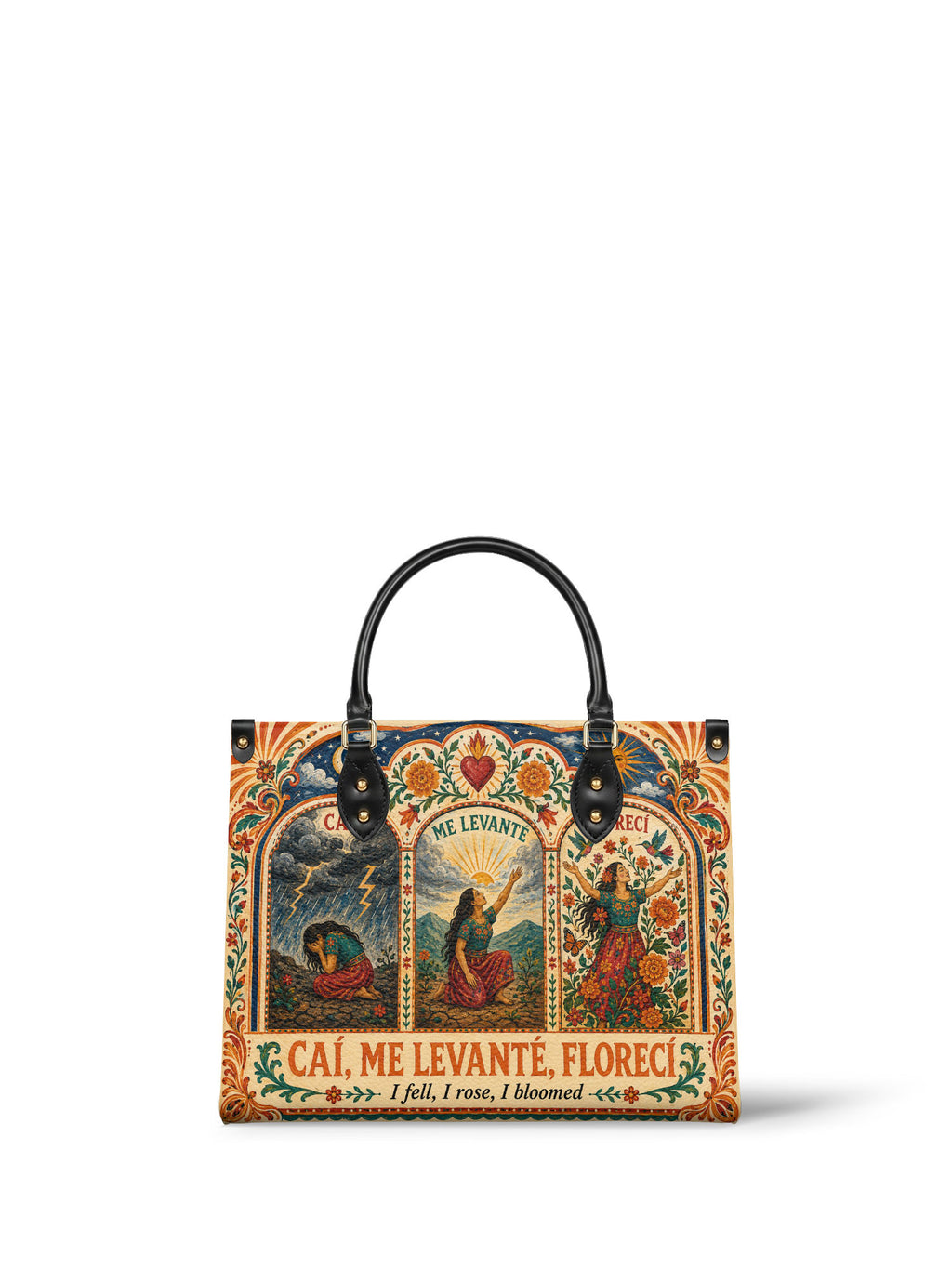"Caí, me levanté, florecí" ver.1 Leather Handbag - front view | Paleta Bags