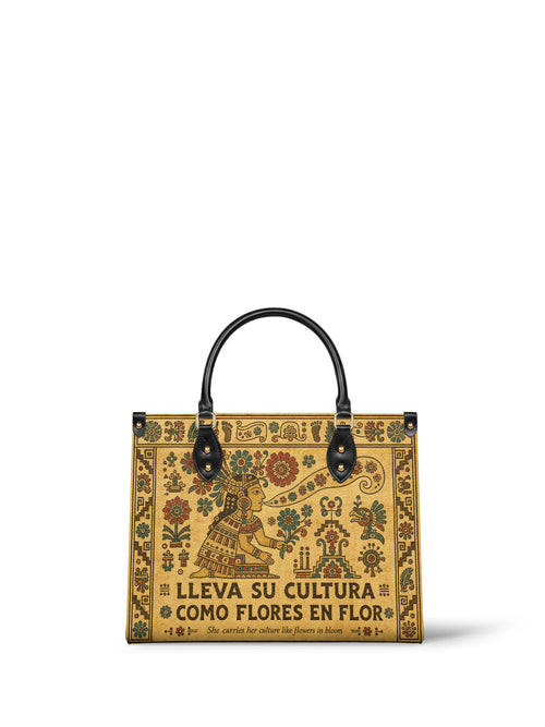 "Lleva su cultura como flores en flor" ver.5 Leather Handbag - front view | Paleta Bags