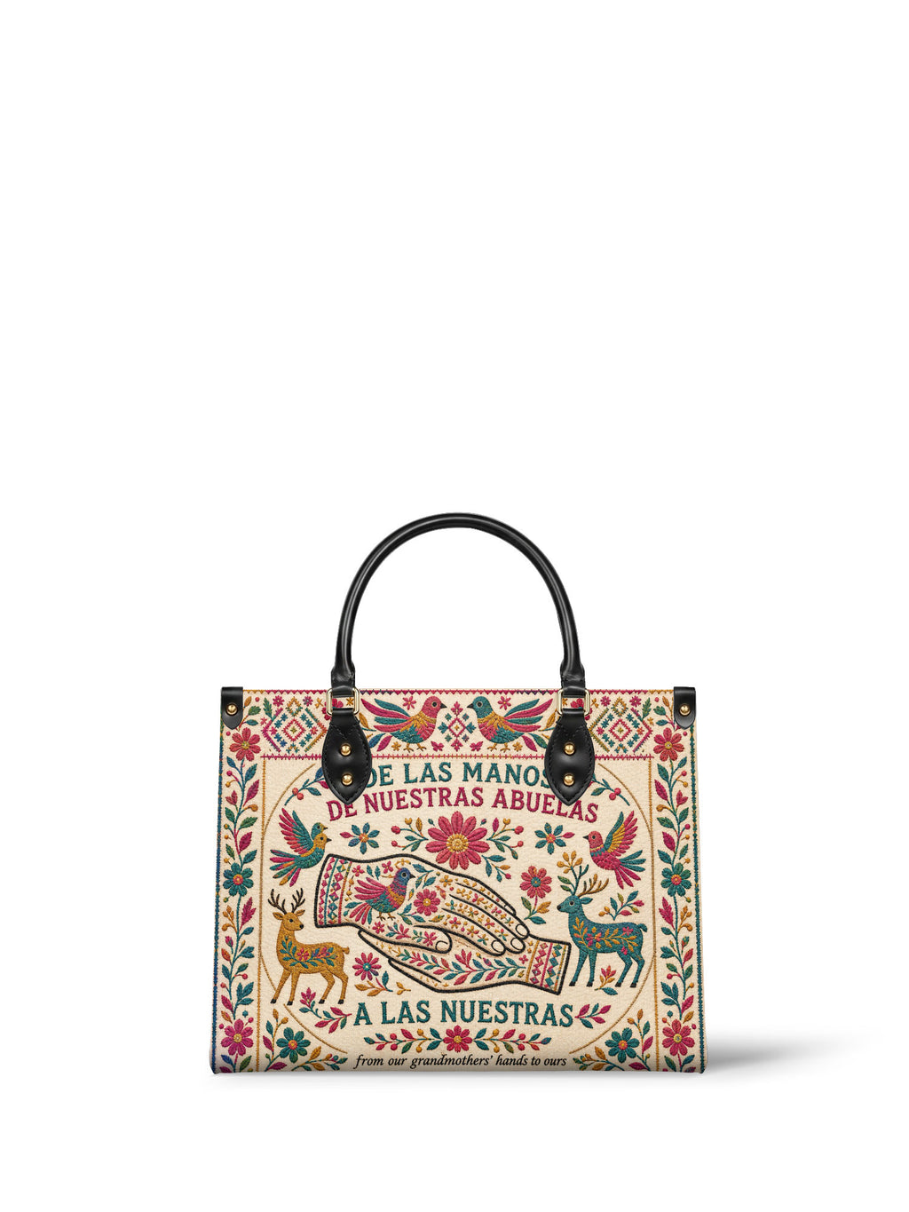 "De las manos de nuestras abuelas a las nuestras" ver.1 Leather Handbag - front view | Paleta Bags