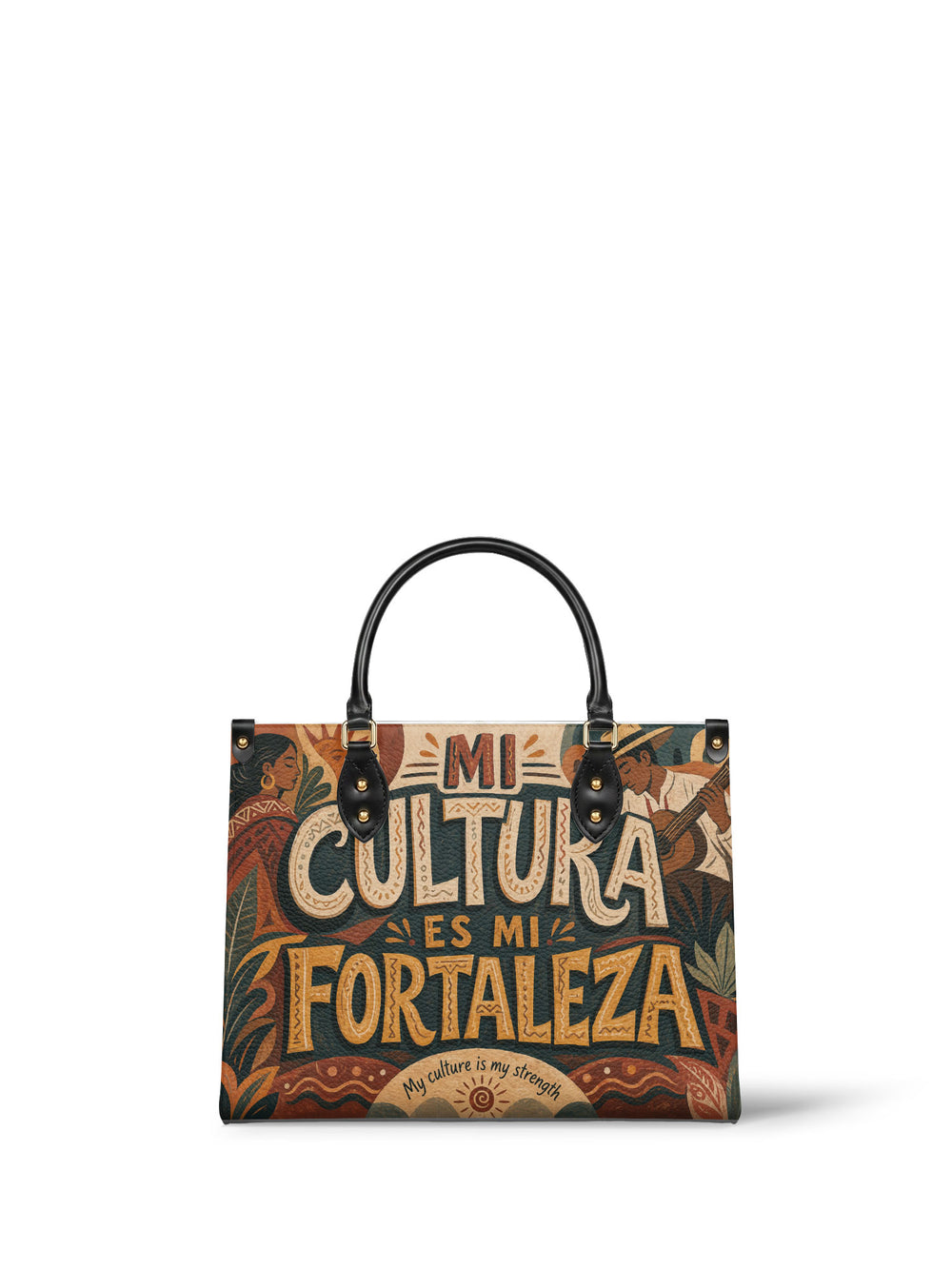Mural style handbag in muted teal and terracotta, the phrase in chunky patterned cream capitals over a woman and a guitar player