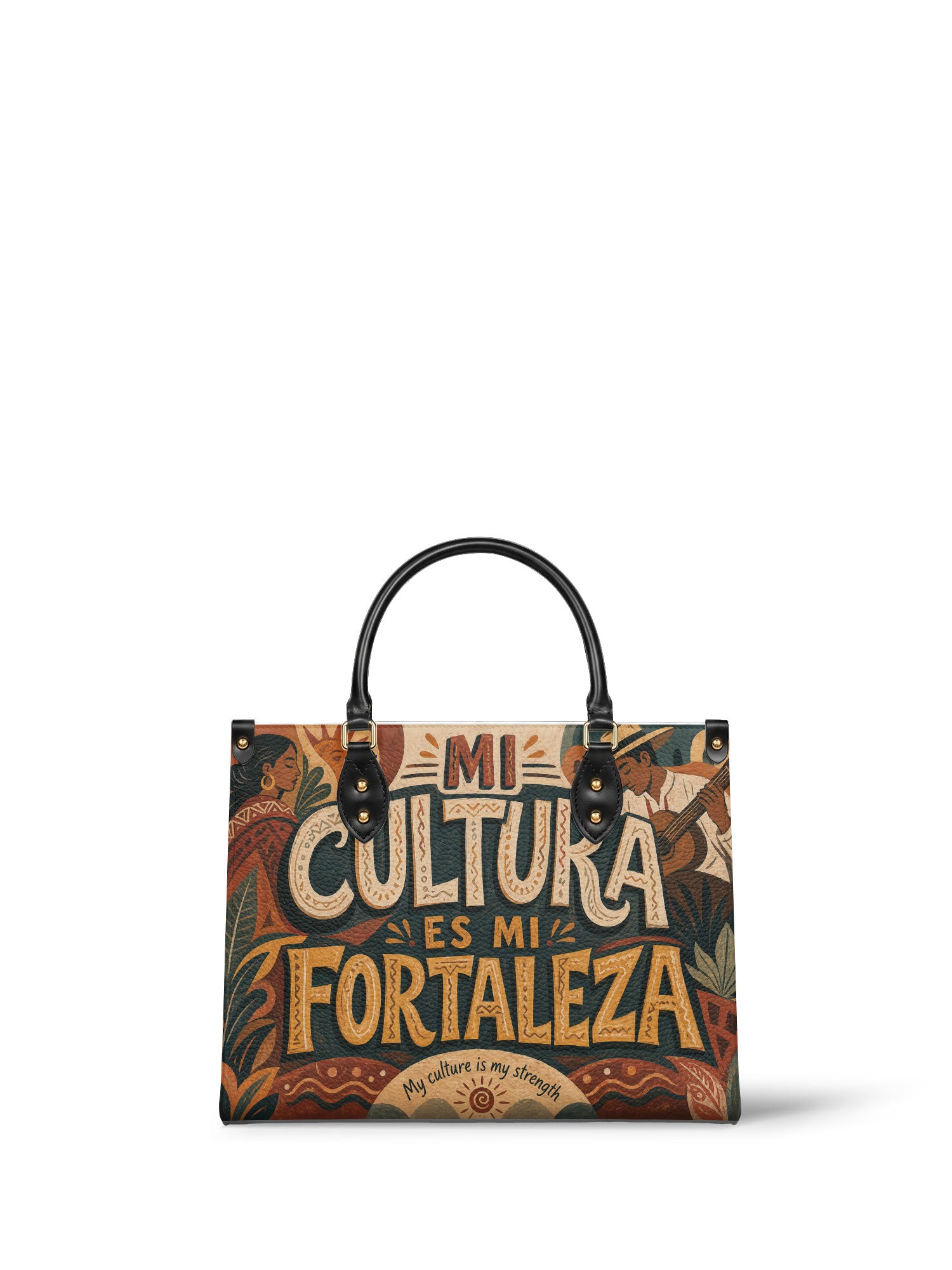 "Mi cultura es mi fortaleza" ver.1 Leather Handbag - front view | Paleta Bags