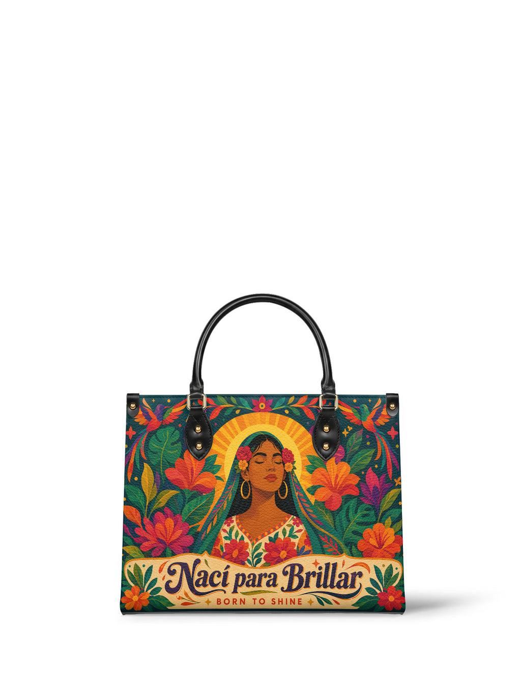 "Nací para brillar" ver.4 Leather Handbag - front view | Paleta Bags