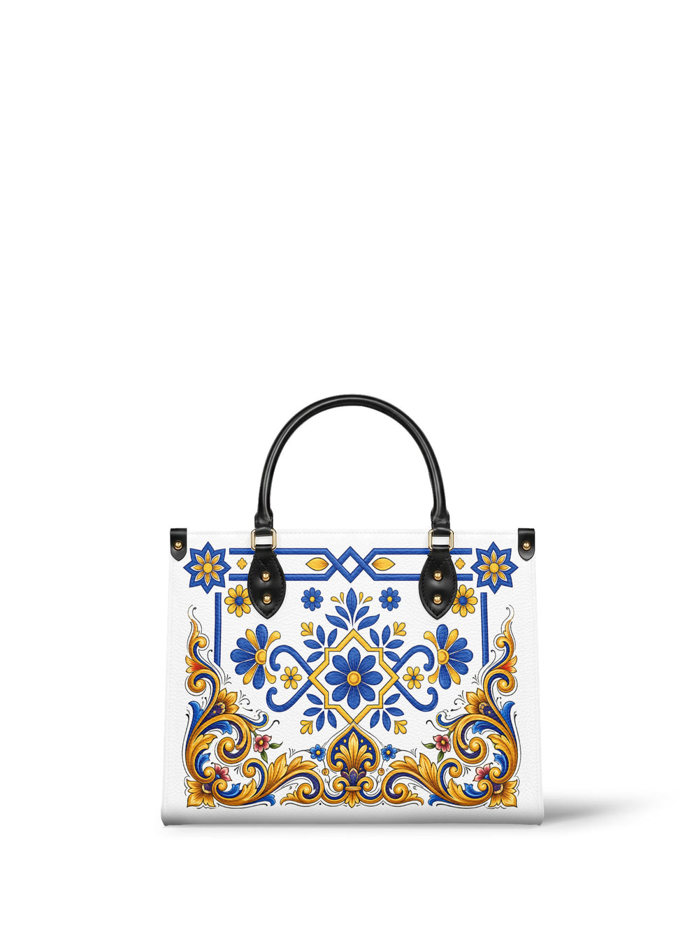 White handbag with blue and yellow majolica flowers opening from a central rosette and ochre scrollwork along the bottom