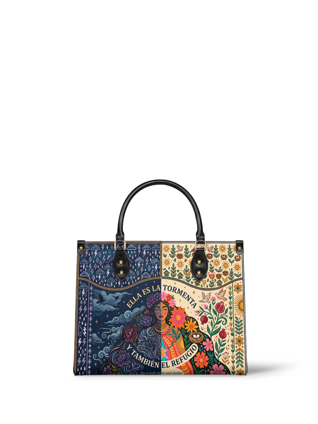 "Ella es la tormenta y también el refugio" ver.1 Leather Handbag - front view | Paleta Bags