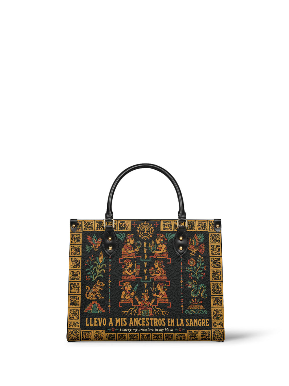 Near black handbag drawn as a codex, six figures on a stepped diagram over a rooted mask, jaguars, serpents and pyramids in the margins