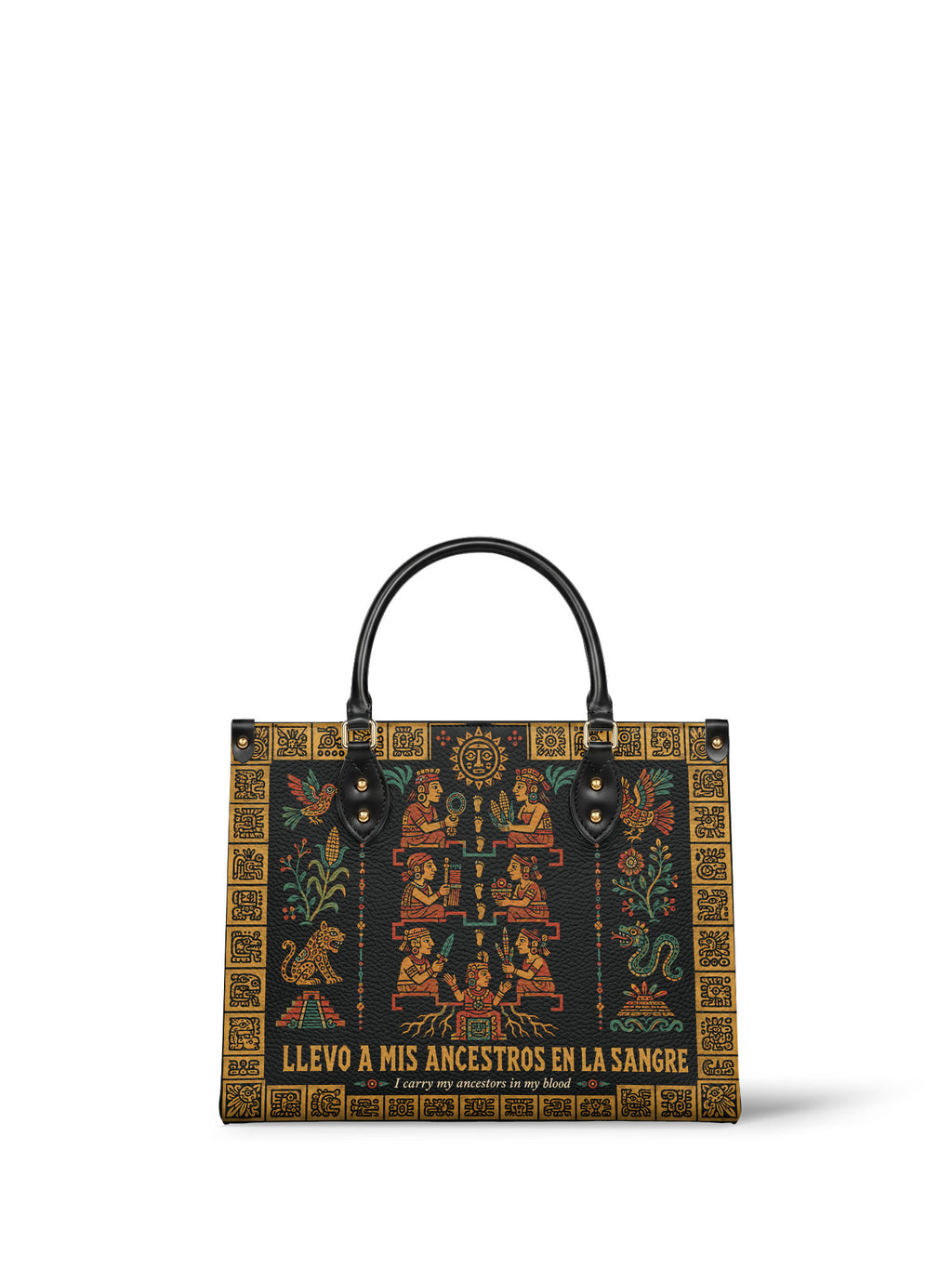 "Llevo a mis ancestros en la sangre" ver.2 Leather Handbag - front view | Paleta Bags