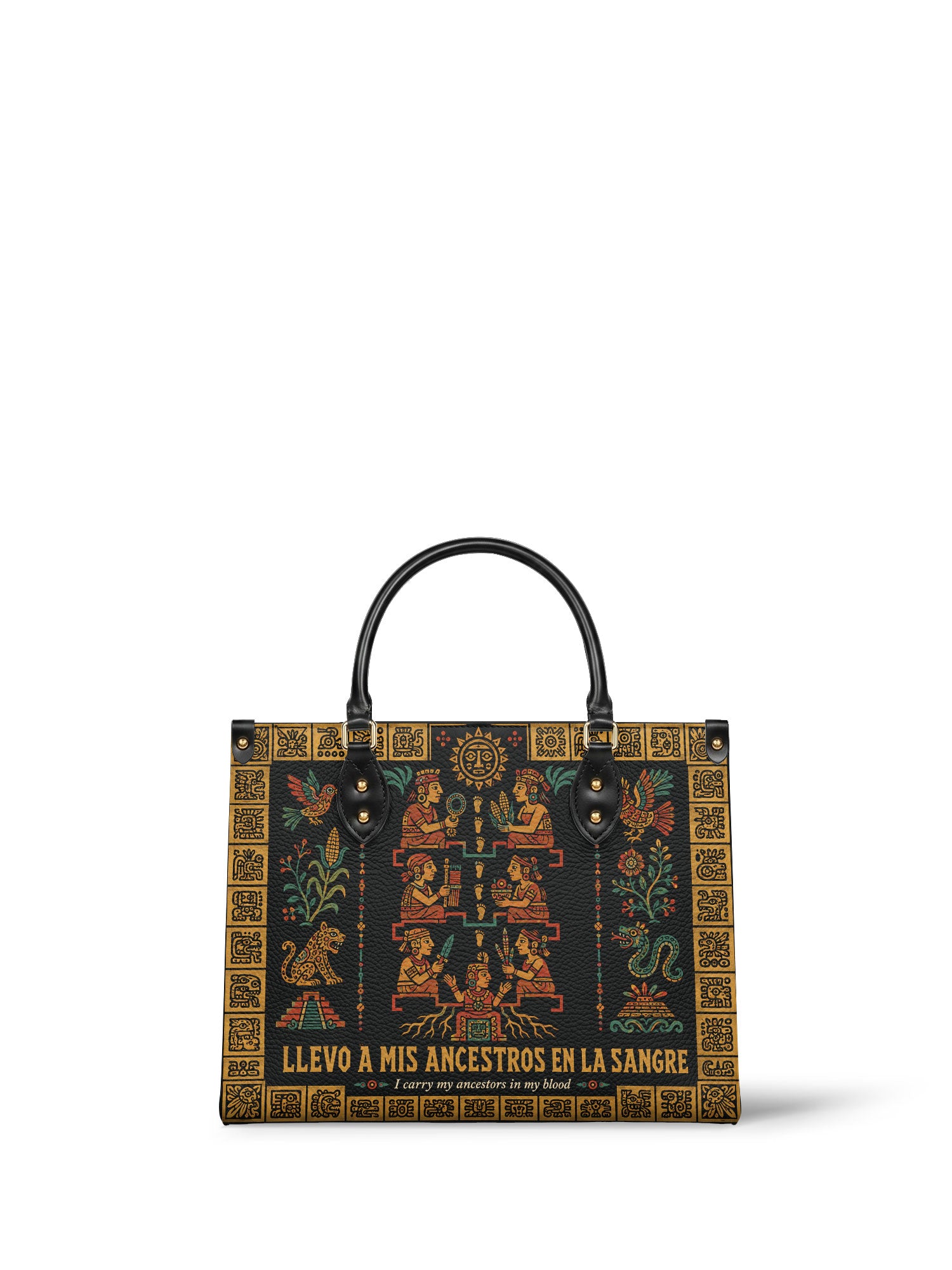 "Llevo a mis ancestros en la sangre" ver.2 Leather Handbag - front view | Paleta Bags